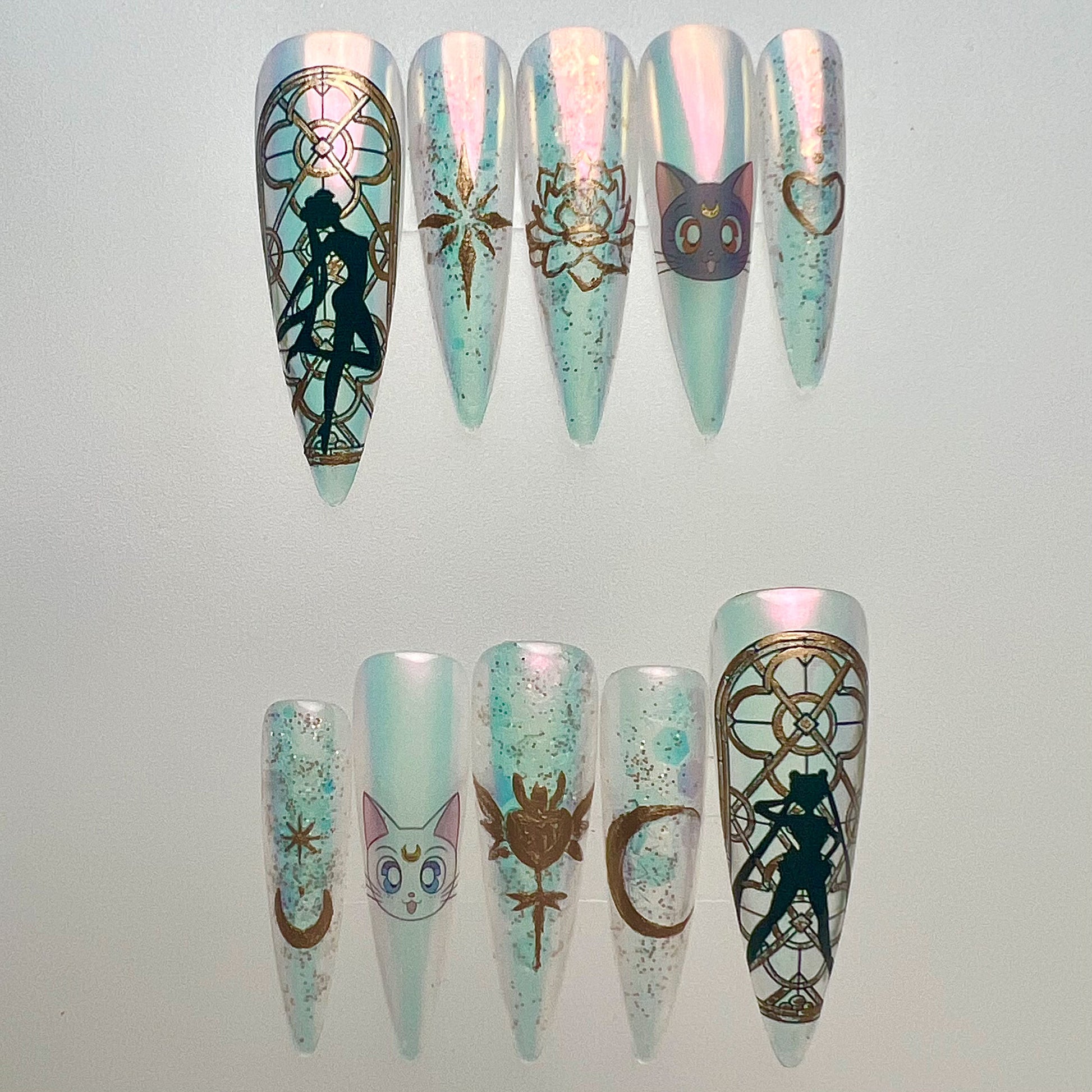 Sailor Moon Iridescent Press-On Nails | Stained Glass Silhouette Magical Girl Set | Chrome Aura, Luna &amp; Gold Foil Design | Dragonnail