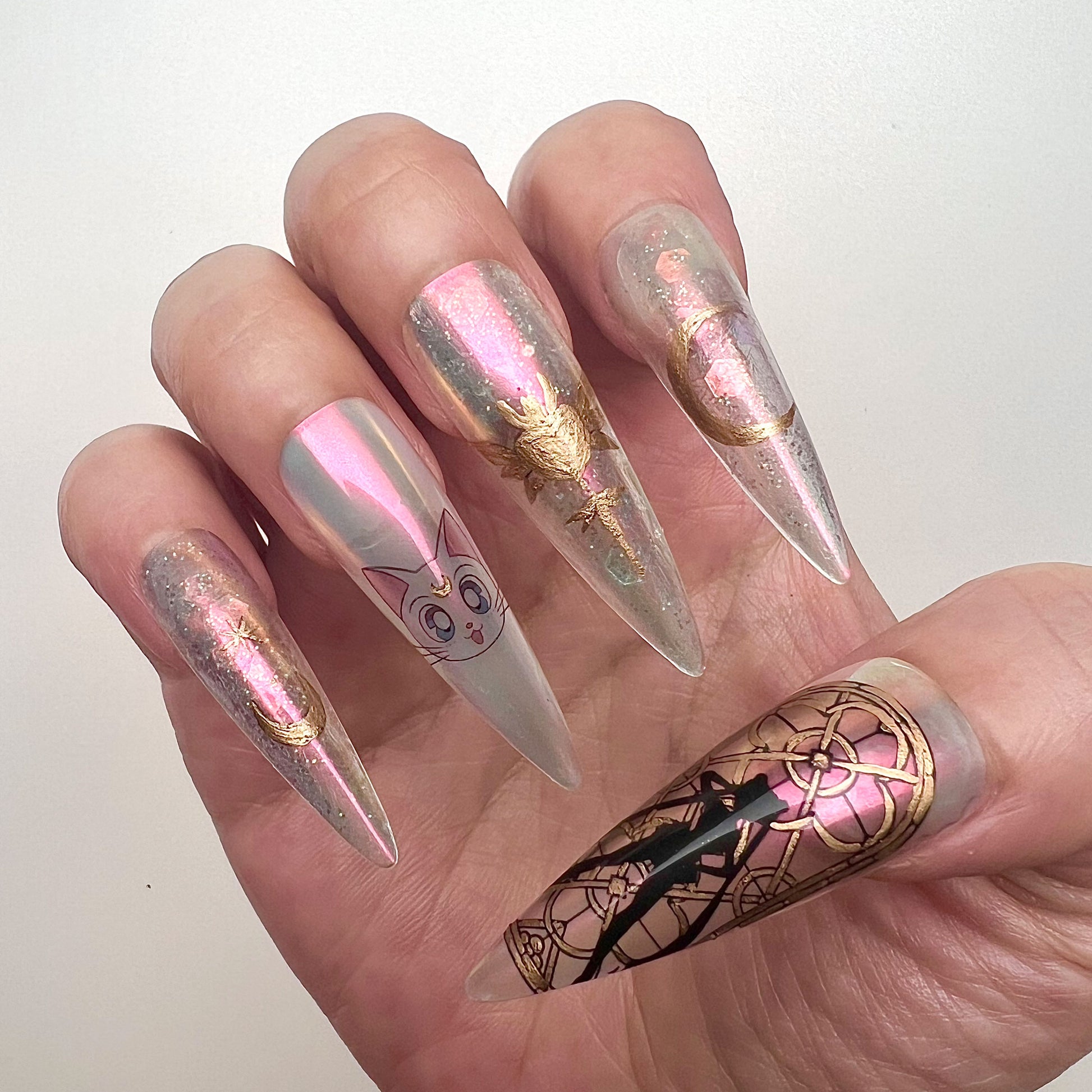 Sailor Moon Iridescent Press-On Nails | Stained Glass Silhouette Magical Girl Set | Chrome Aura, Luna &amp; Gold Foil Design | Dragonnail