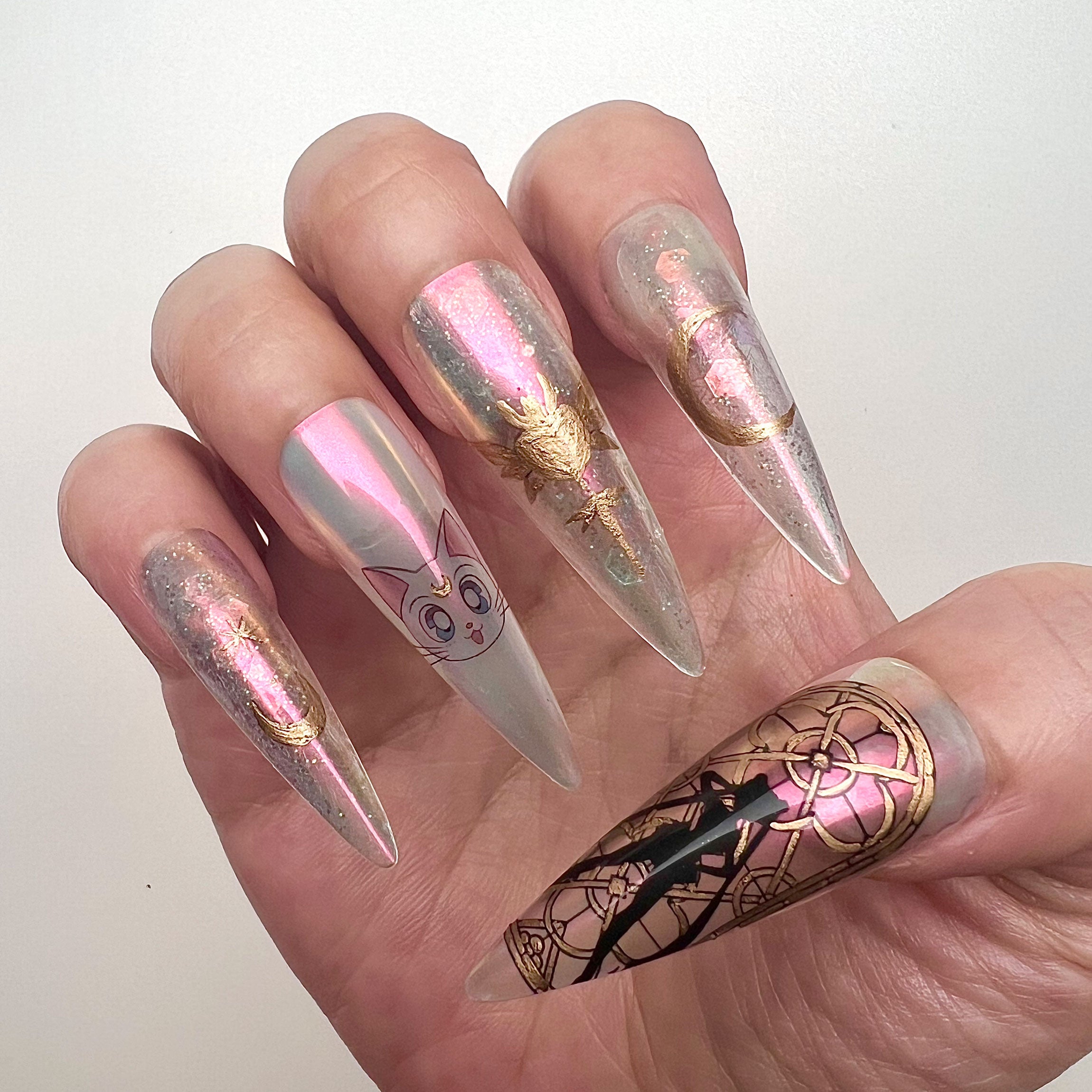 Sailor Moon Iridescent Press-On Nails | Stained Glass Silhouette Magical Girl Set | Chrome Aura, Luna &amp; Gold Foil Design | Dragonnail