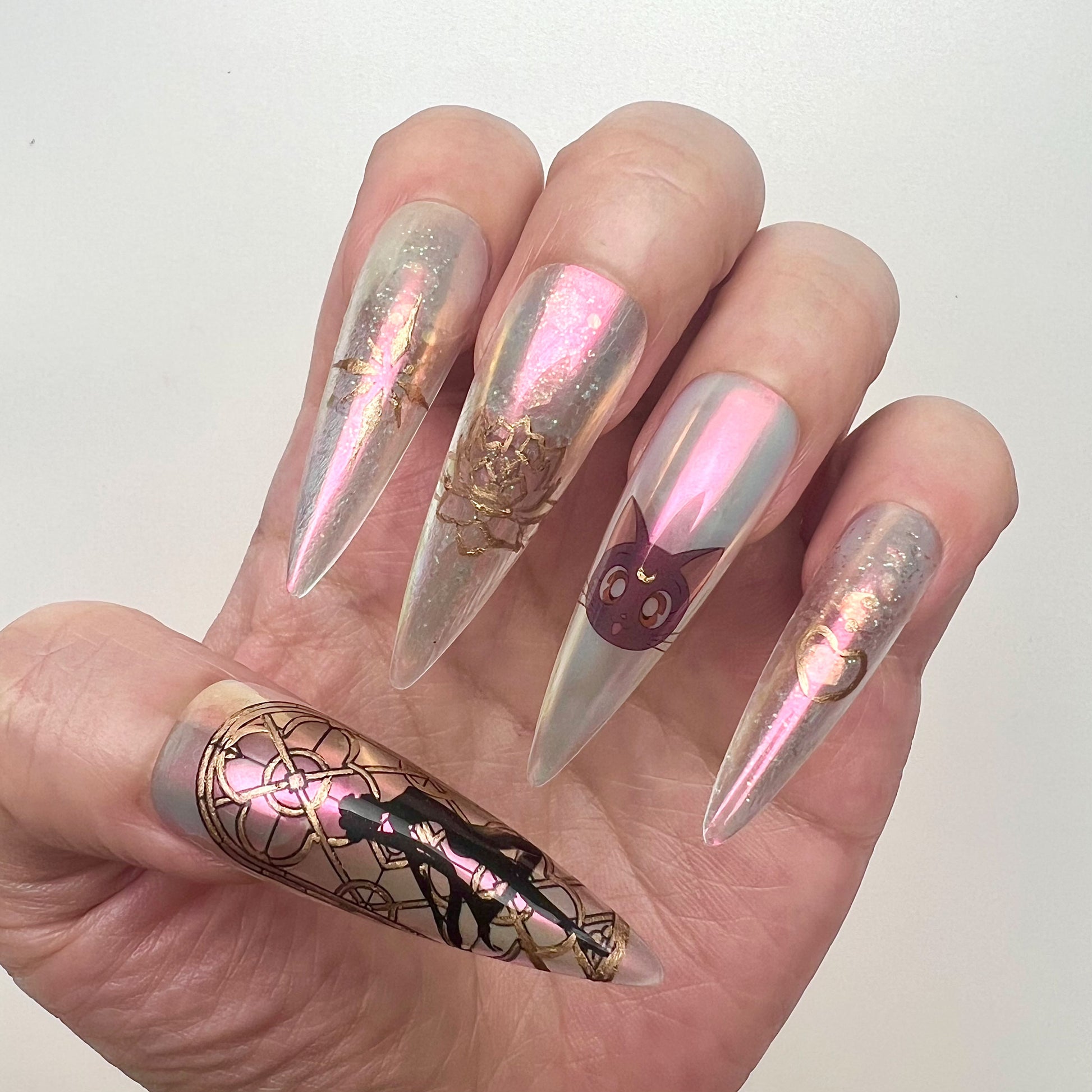 Sailor Moon Iridescent Press-On Nails | Stained Glass Silhouette Magical Girl Set | Chrome Aura, Luna &amp; Gold Foil Design | Dragonnail