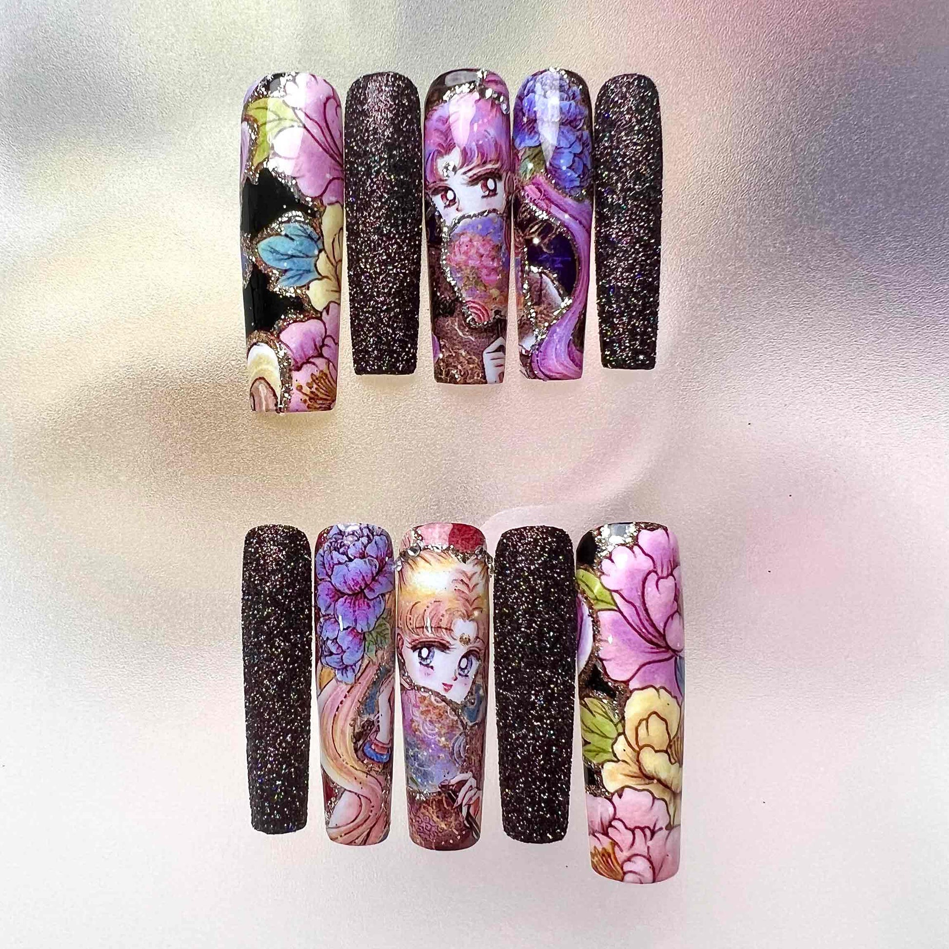Sailor Moon Nails – Usagi Tsukino Japanese Floral Press-On Set, Ornate Peony &amp; Reflective Glitter Design | Dragonnail