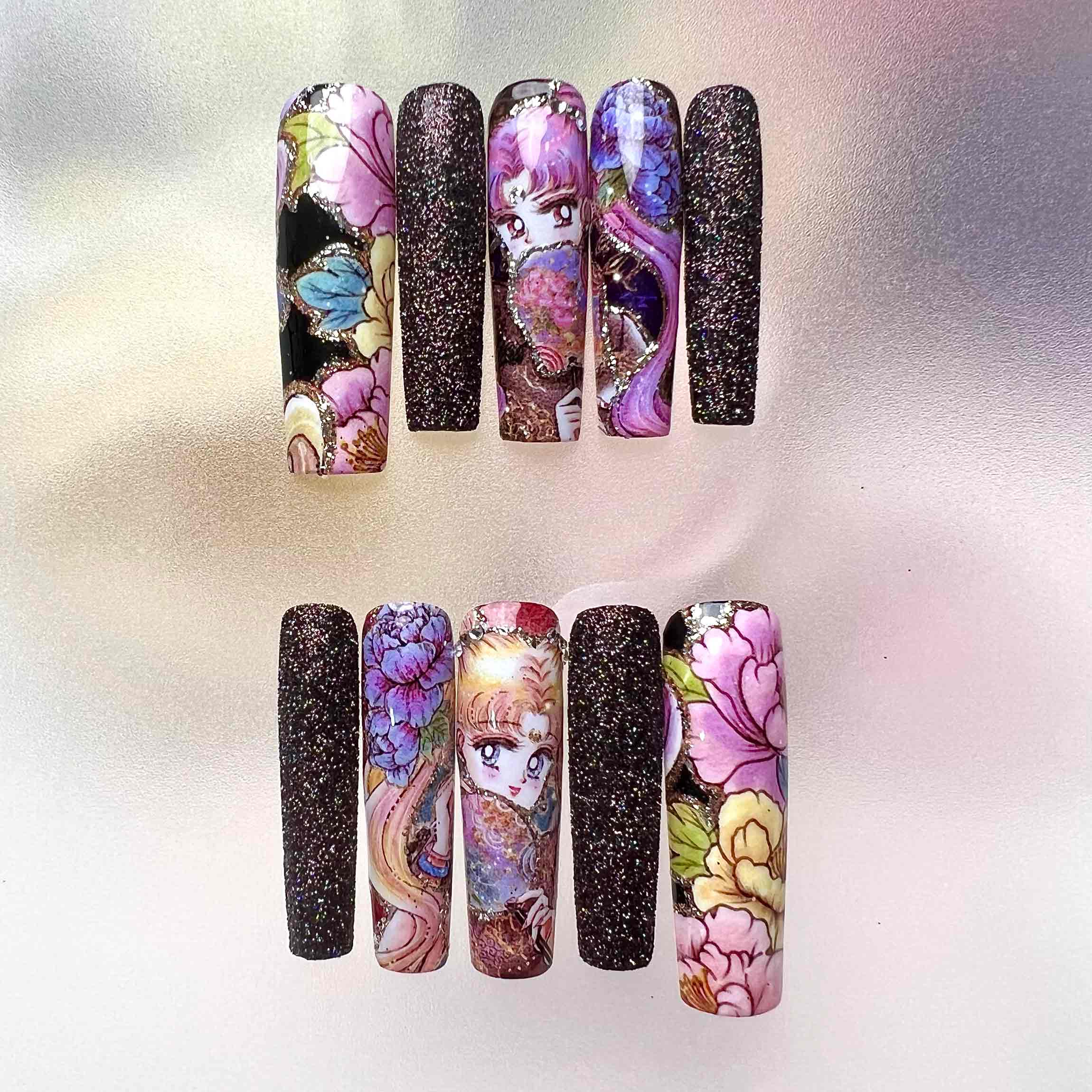 Sailor Moon Nails – Usagi Tsukino Japanese Floral Press-On Set, Ornate Peony &amp; Reflective Glitter Design | Dragonnail