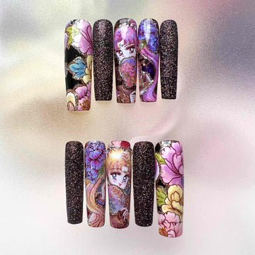 Sailor Moon Nails – Usagi Tsukino Japanese Floral Press-On Set, Ornate Peony &amp; Reflective Glitter Design | Dragonnail
