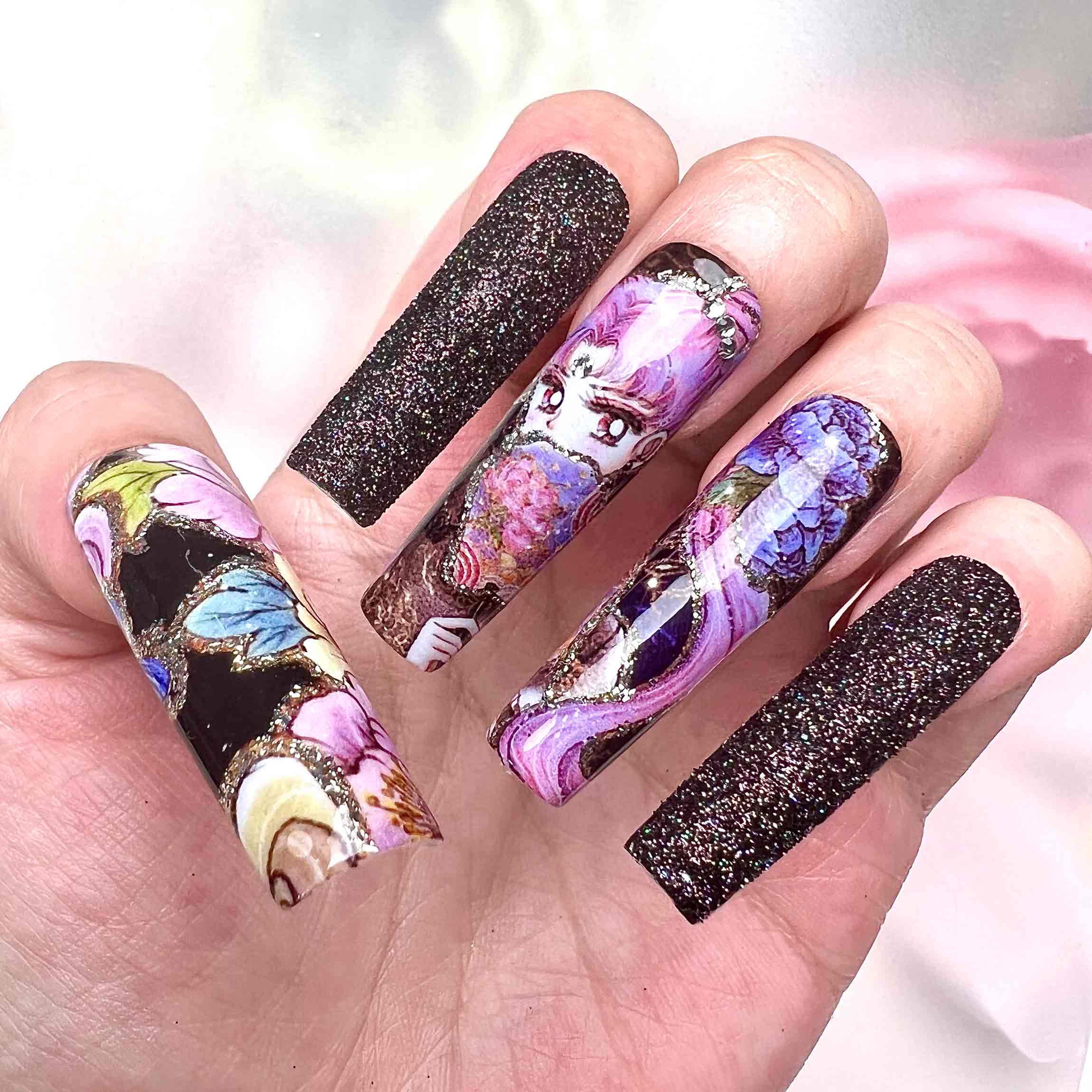 Sailor Moon Nails – Usagi Tsukino Japanese Floral Press-On Set, Ornate Peony &amp; Reflective Glitter Design | Dragonnail