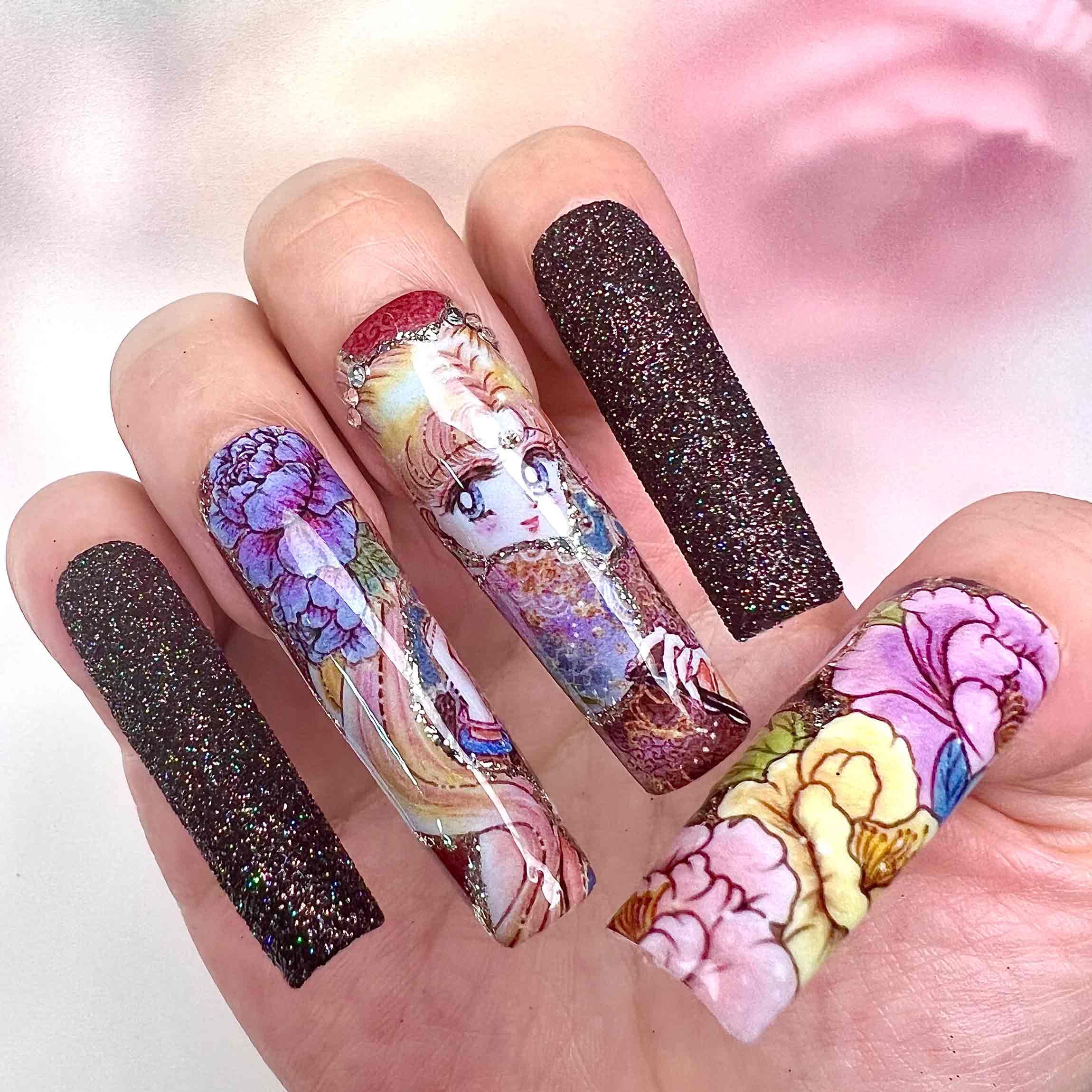 Sailor Moon Nails – Usagi Tsukino Japanese Floral Press-On Set, Ornate Peony &amp; Reflective Glitter Design | Dragonnail