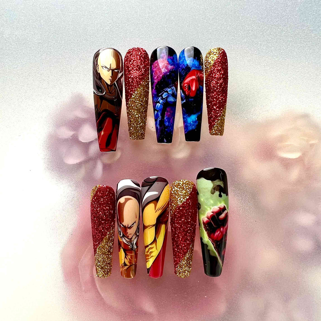 One-Punch Man Nails – Saitama &amp; Genos Press-On Set, Red &amp; Gold Glitter Hero Anime Design | Dragonnail
