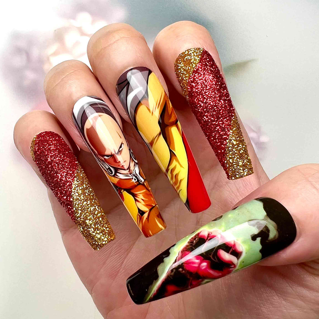 One-Punch Man Nails – Saitama &amp; Genos Press-On Set, Red &amp; Gold Glitter Hero Anime Design | Dragonnail