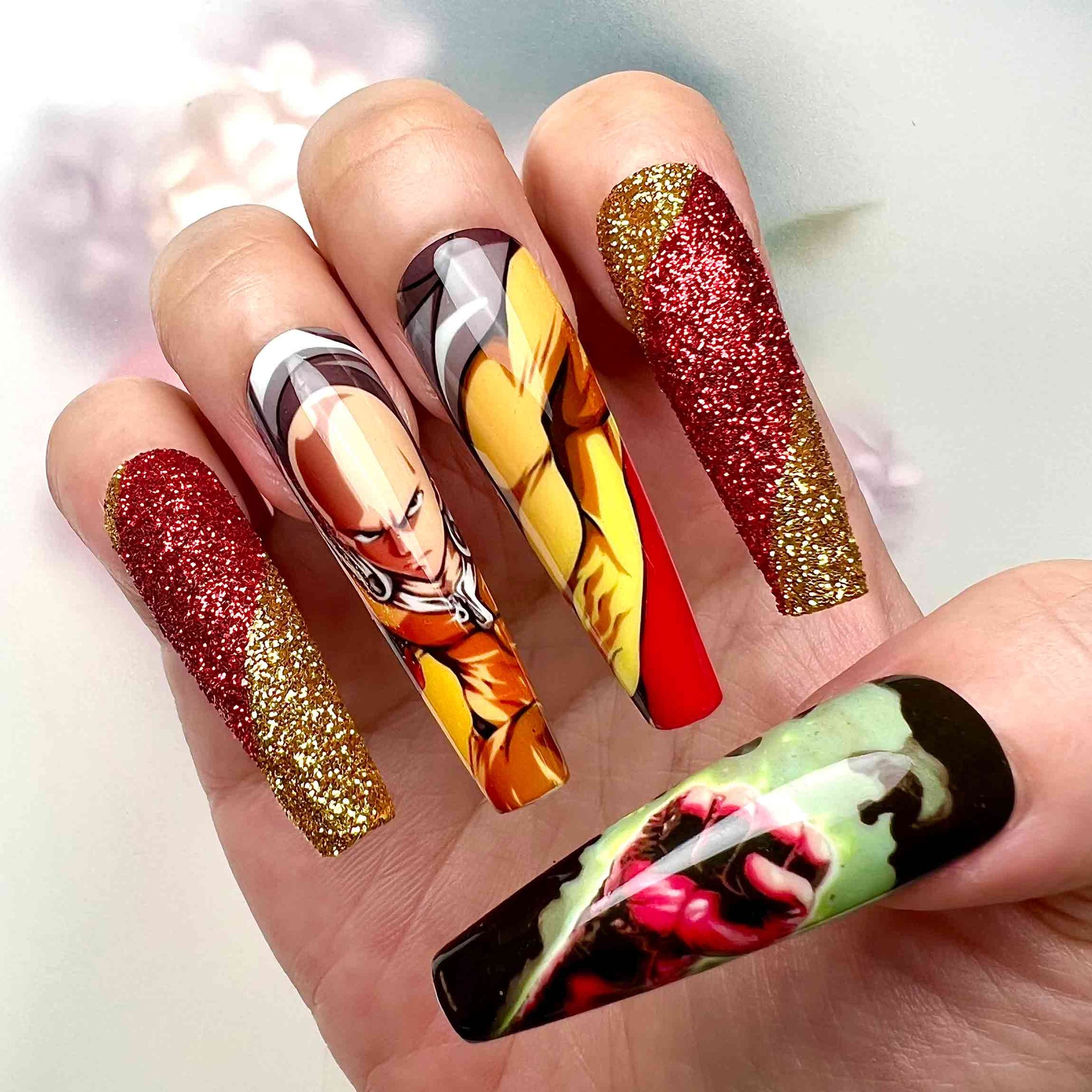 One-Punch Man Nails – Saitama &amp; Genos Press-On Set, Red &amp; Gold Glitter Hero Anime Design | Dragonnail
