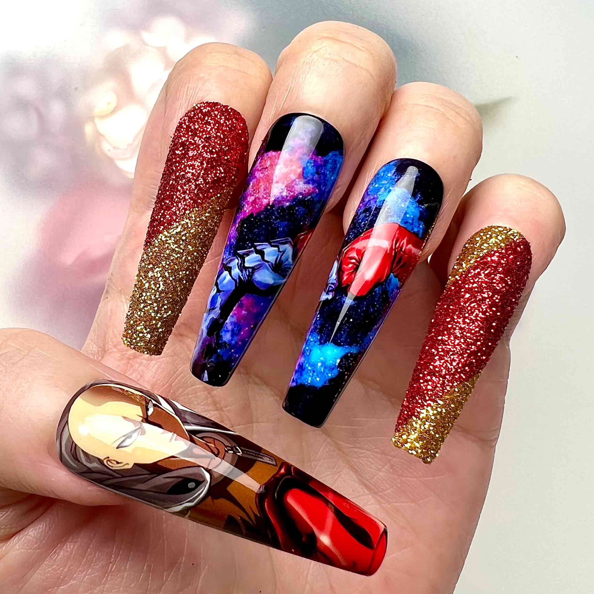 One-Punch Man Nails – Saitama &amp; Genos Press-On Set, Red &amp; Gold Glitter Hero Anime Design | Dragonnail