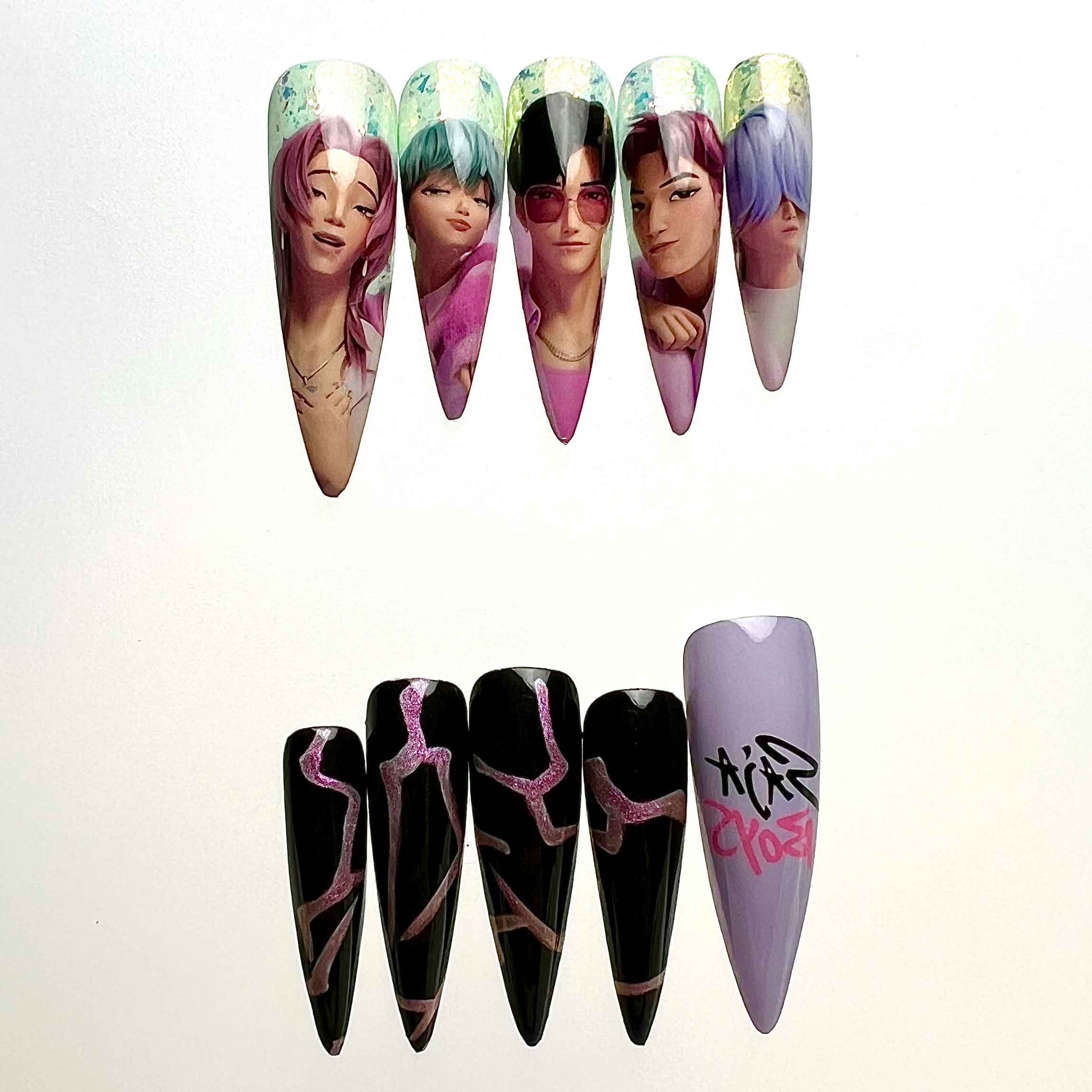 PLAVE K-Pop Nails – Virtual Idol Press-On Set, Bambi, Yejun &amp; Eunho Black/Pink Graffiti Design | Dragonnail