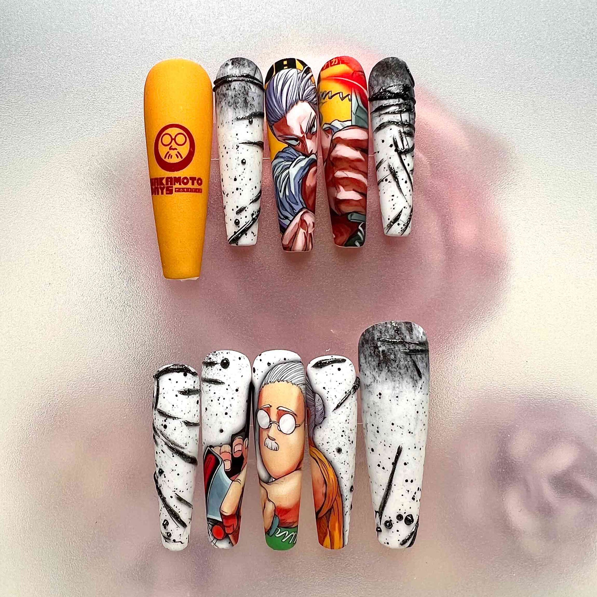Sakamoto Days Nails – Taro Sakamoto &amp; Takamura Press-On Set, Yellow Splatter Art Anime Design | Dragonnail