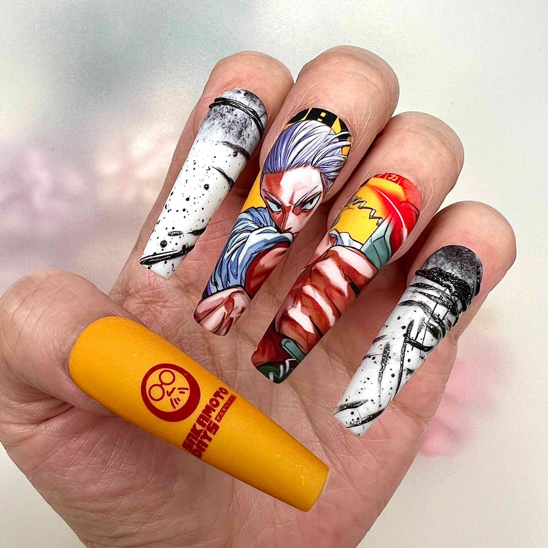 Sakamoto Days Nails – Taro Sakamoto &amp; Takamura Press-On Set, Yellow Splatter Art Anime Design | Dragonnail