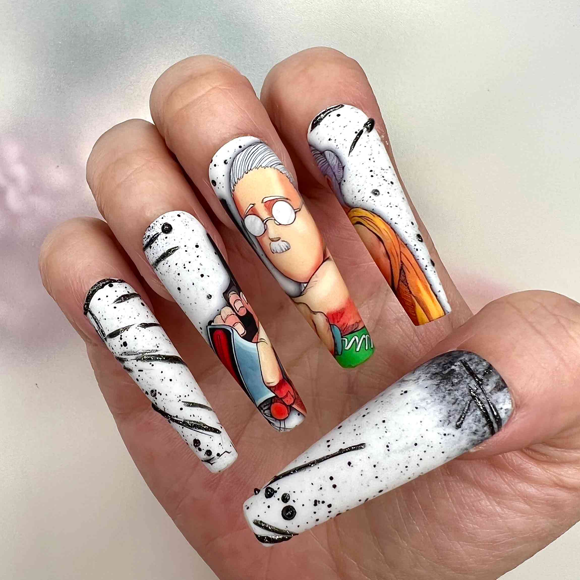 Sakamoto Days Nails – Taro Sakamoto &amp; Takamura Press-On Set, Yellow Splatter Art Anime Design | Dragonnail