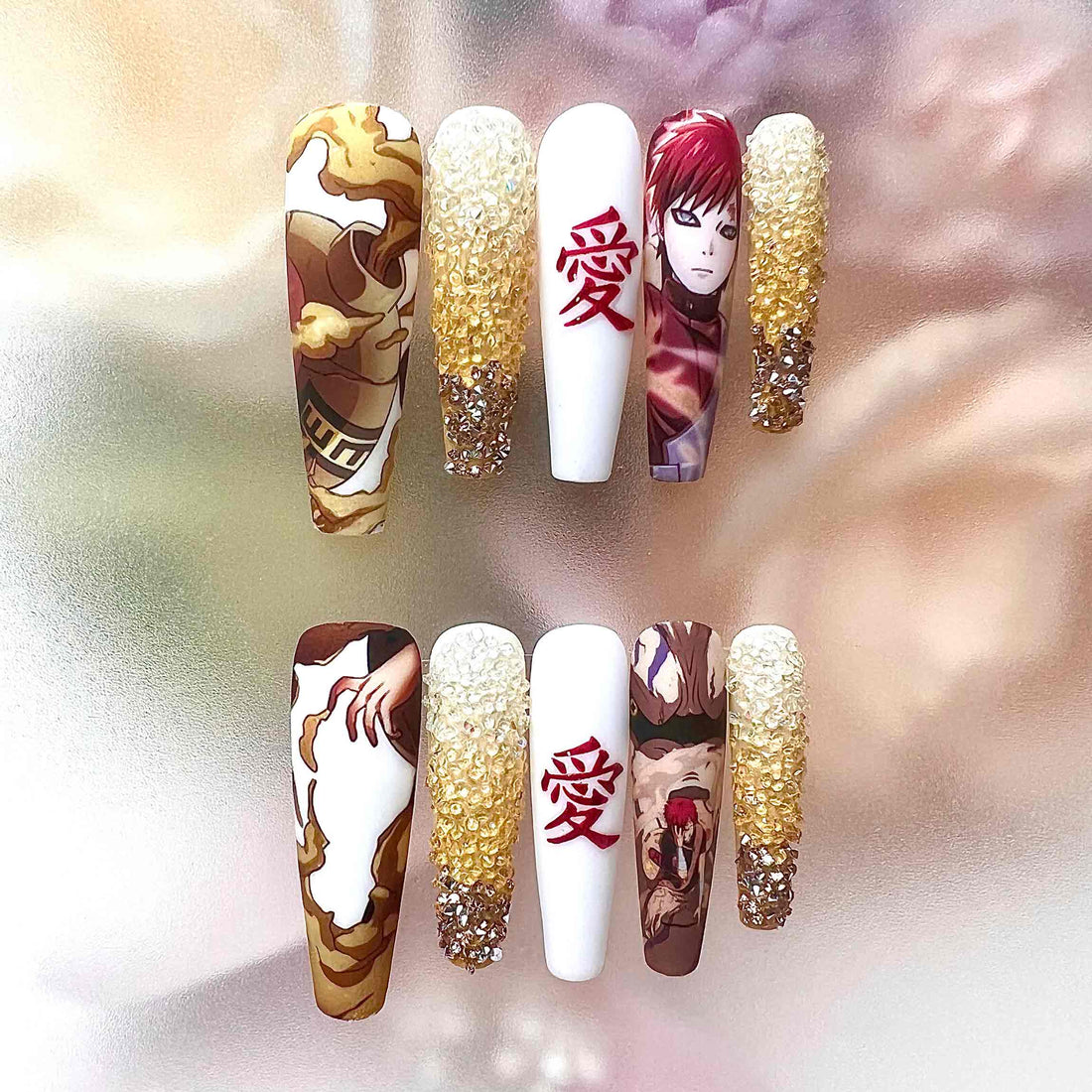 Gaara Nails – Naruto Shippuden Press-On Set, 3D Sand Crystal &amp; "Love" Kanji Anime Design | Dragonnail