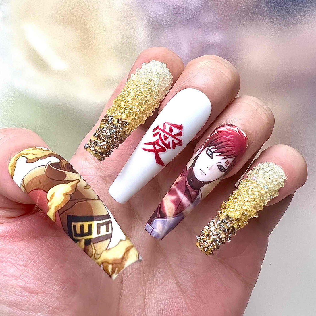 Gaara Nails – Naruto Shippuden Press-On Set, 3D Sand Crystal &amp; "Love" Kanji Anime Design | Dragonnail