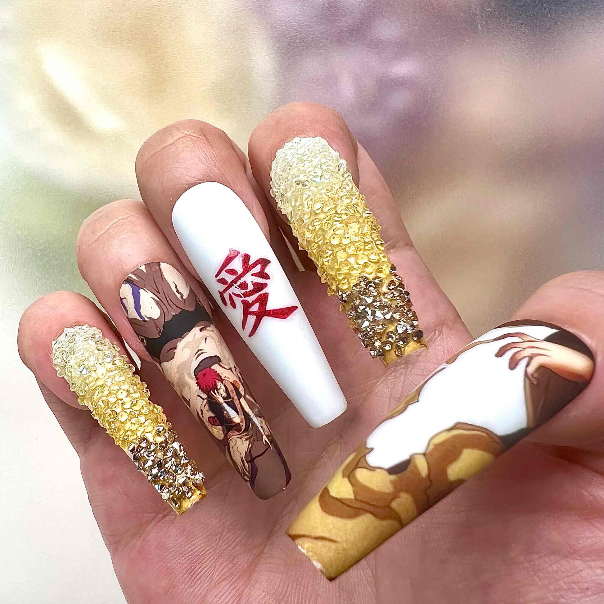 Gaara Nails – Naruto Shippuden Press-On Set, 3D Sand Crystal &amp; "Love" Kanji Anime Design | Dragonnail