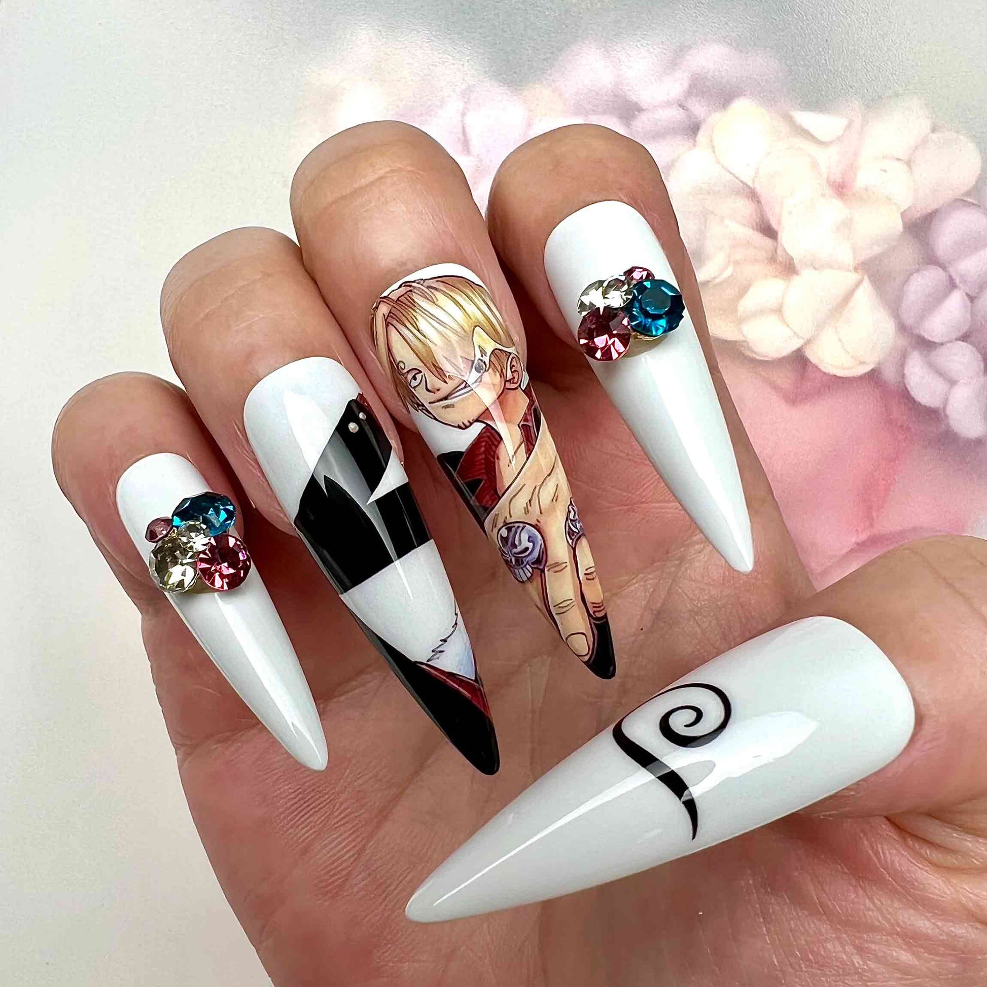 Sanji "Black Leg" Nails – One Piece Anime Press-On Set, 3D Gem &amp; Diable Jambe Design | Dragonnail