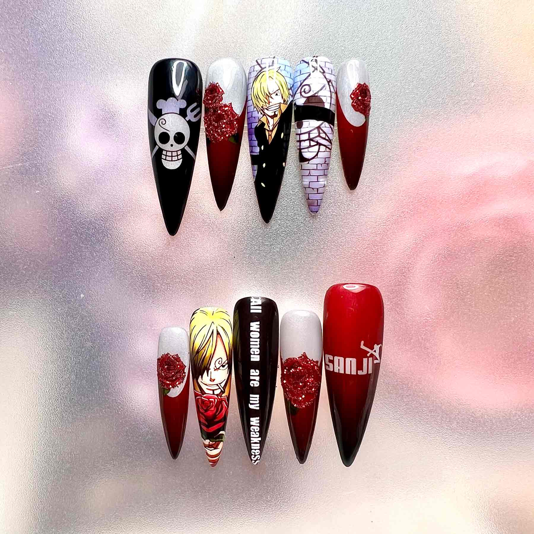 Sanji Vinsmoke Nails – One Piece Anime Press-On Set, 3D Rose &amp; Black Leg Red Design | Dragonnail