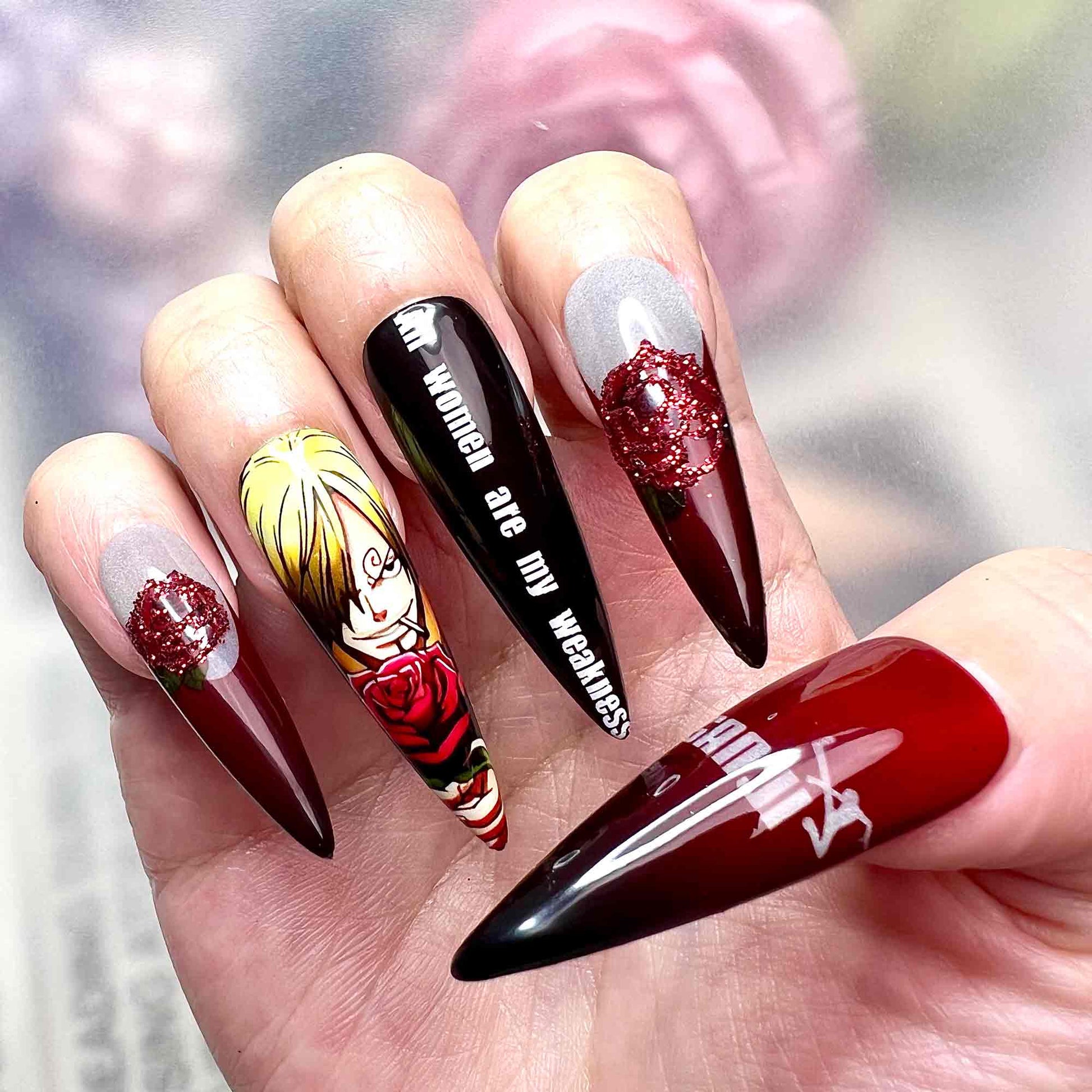 Sanji Vinsmoke Nails – One Piece Anime Press-On Set, 3D Rose &amp; Black Leg Red Design | Dragonnail