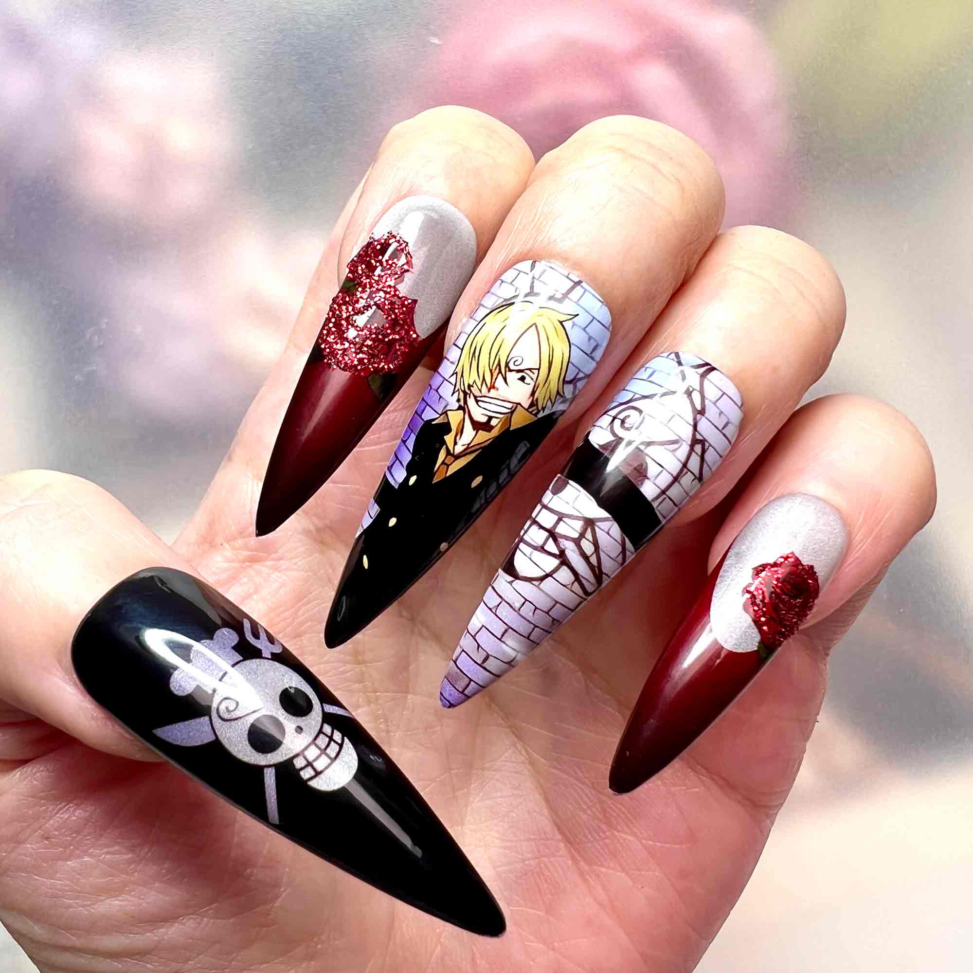 Sanji Vinsmoke Nails – One Piece Anime Press-On Set, 3D Rose &amp; Black Leg Red Design | Dragonnail