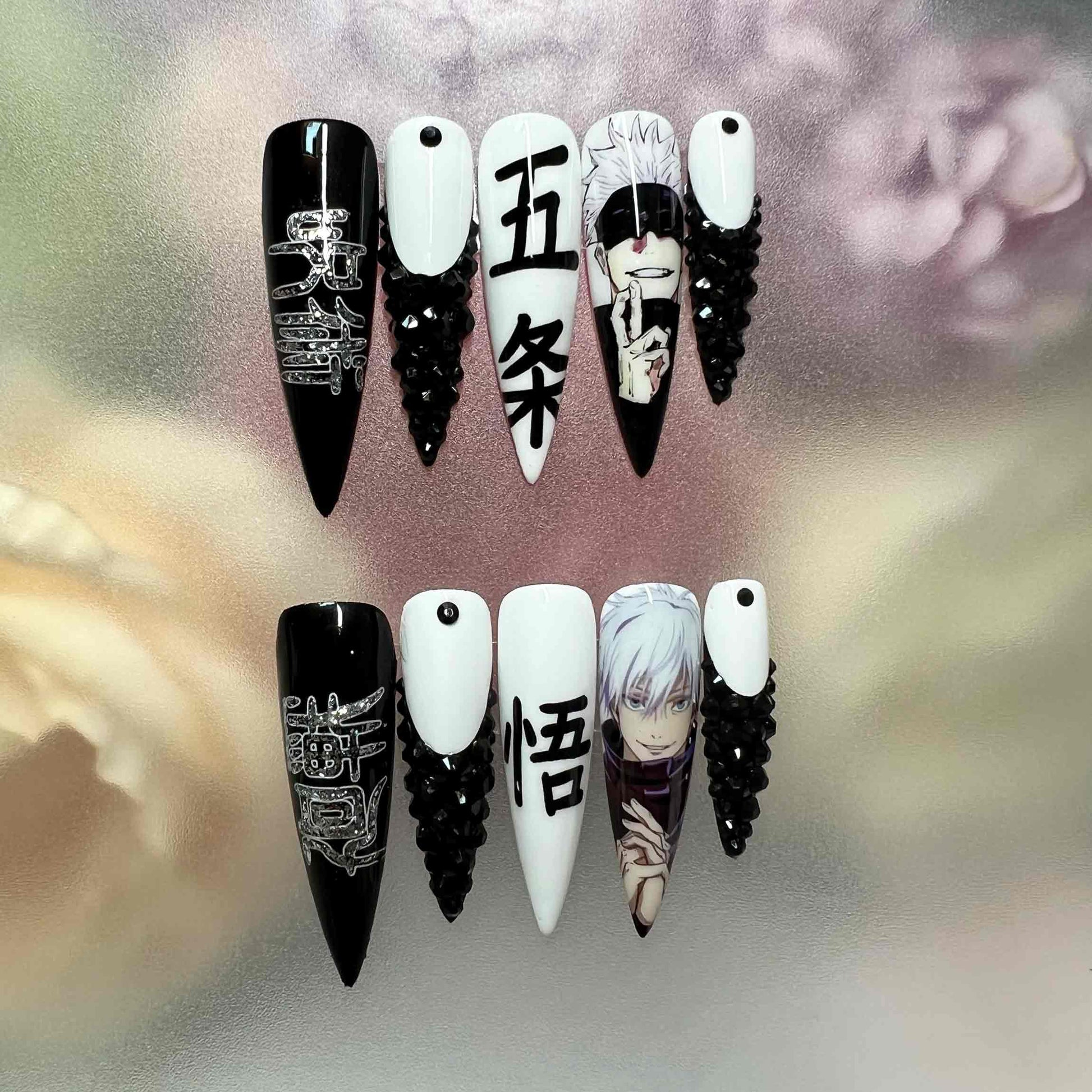 Gojo Satoru Nails – Jujutsu Kaisen Press-On Nail Set, Black &amp; White Anime Edition | Dragonnail
