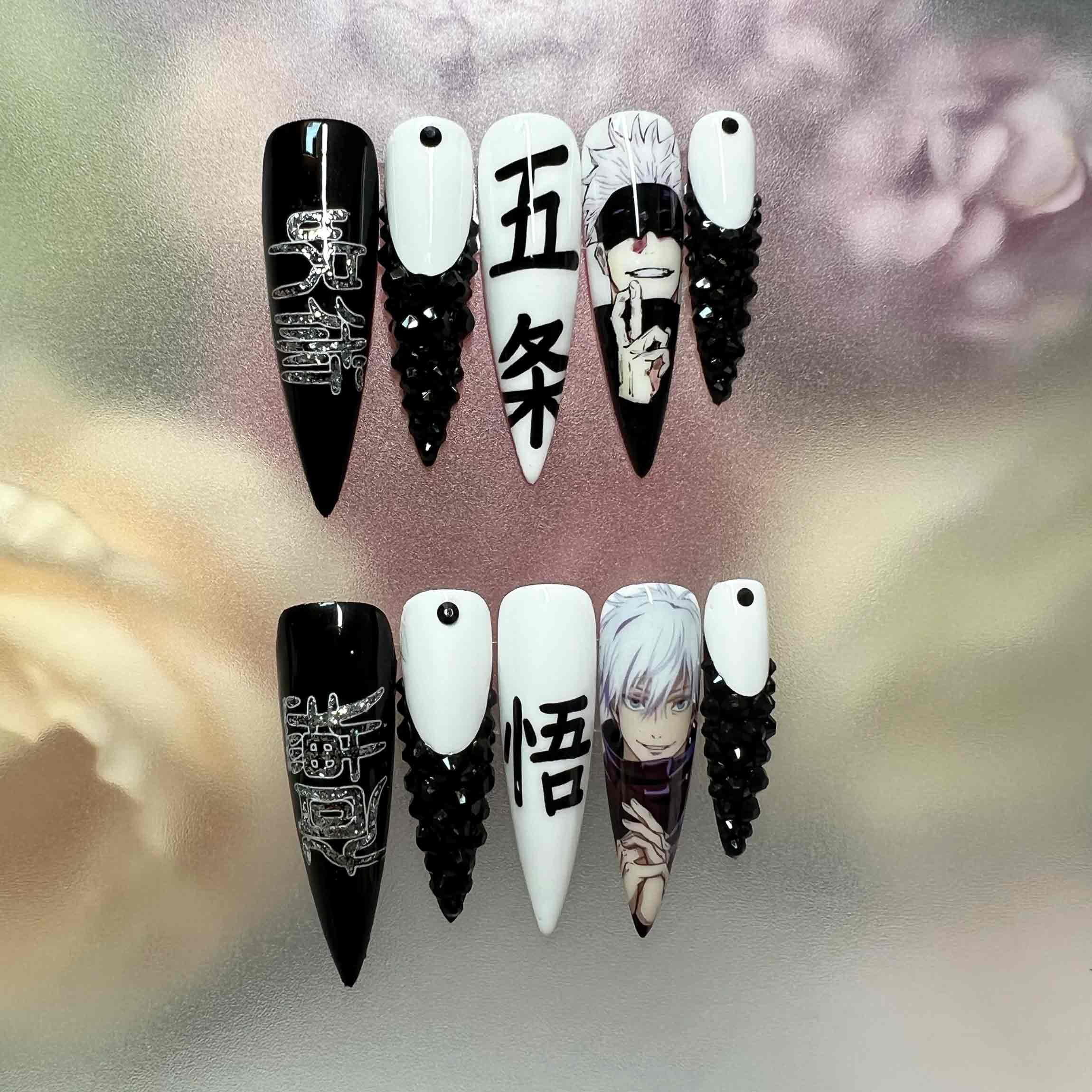 Gojo Satoru Nails – Jujutsu Kaisen Press-On Nail Set, Black &amp; White Anime Edition | Dragonnail