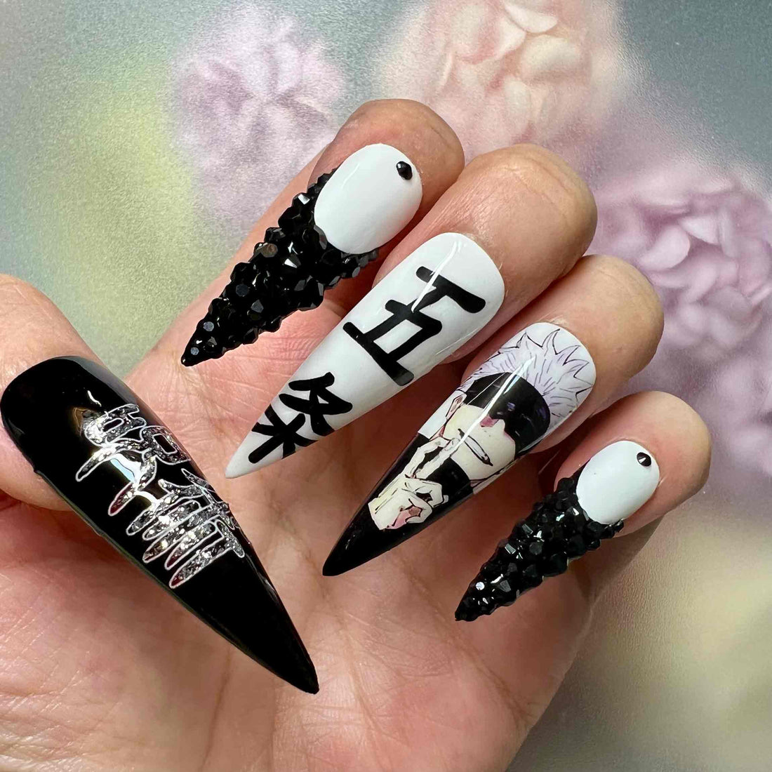 Gojo Satoru Nails – Jujutsu Kaisen Press-On Nail Set, Black &amp; White Anime Edition | Dragonnail