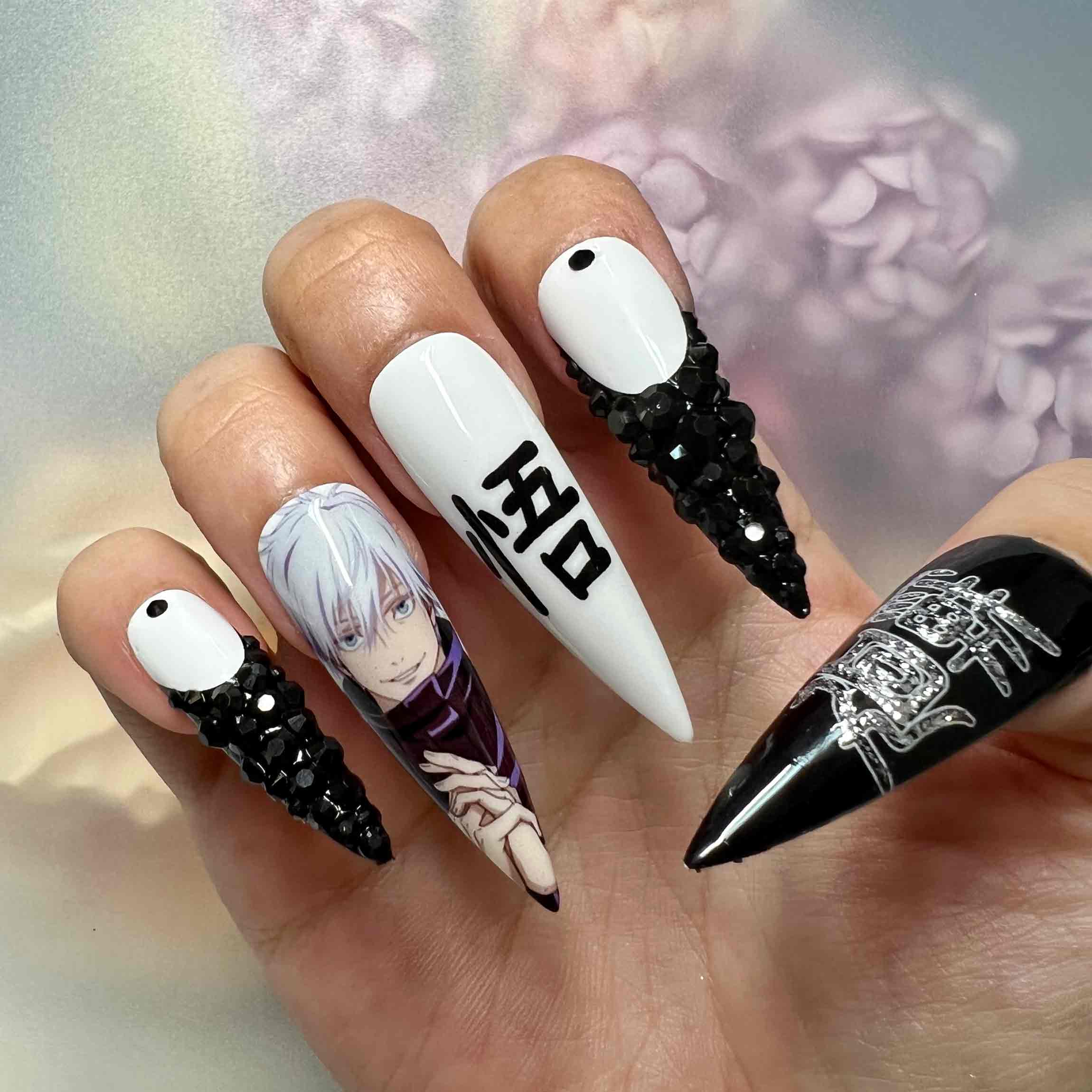 Gojo Satoru Nails – Jujutsu Kaisen Press-On Nail Set, Black &amp; White Anime Edition | Dragonnail