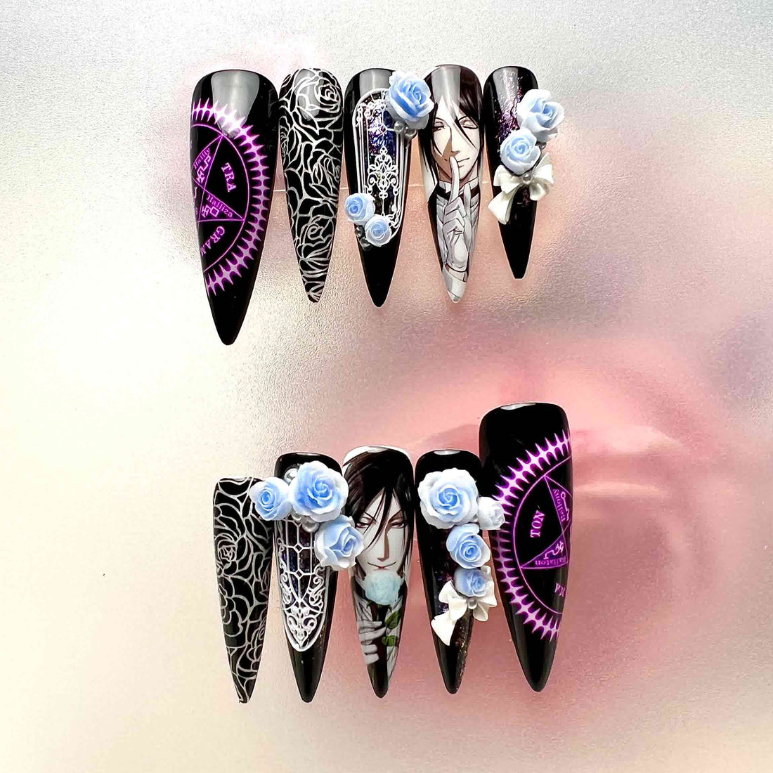 Sebastian Michaelis Nails – Black Butler Press-On Set, 3D Blue Rose &amp; Pentagram Gothic Anime Design | Dragonnail