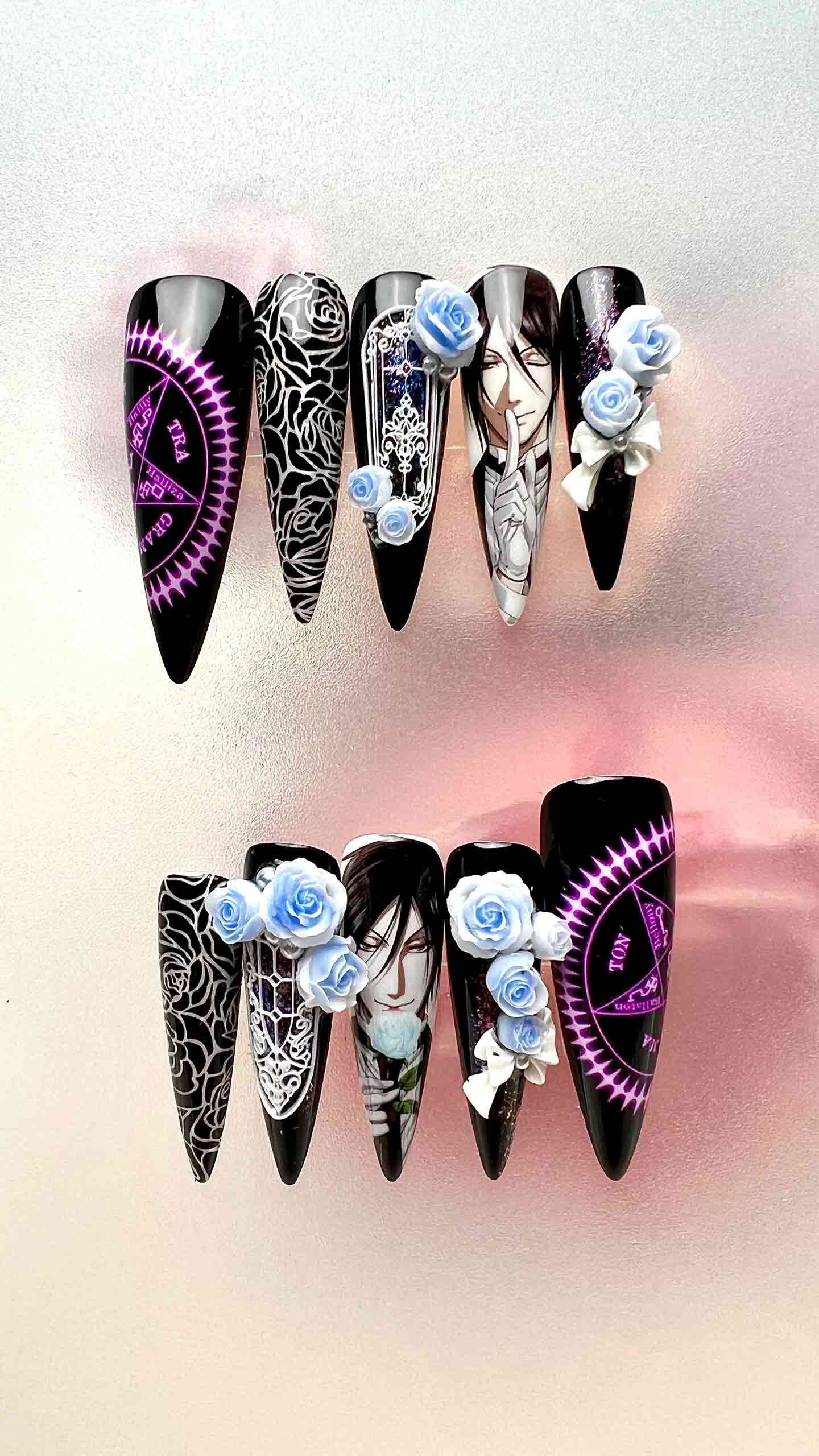 Sebastian Michaelis Nails – Black Butler Press-On Set, 3D Blue Rose &amp; Pentagram Gothic Anime Design | Dragonnail
