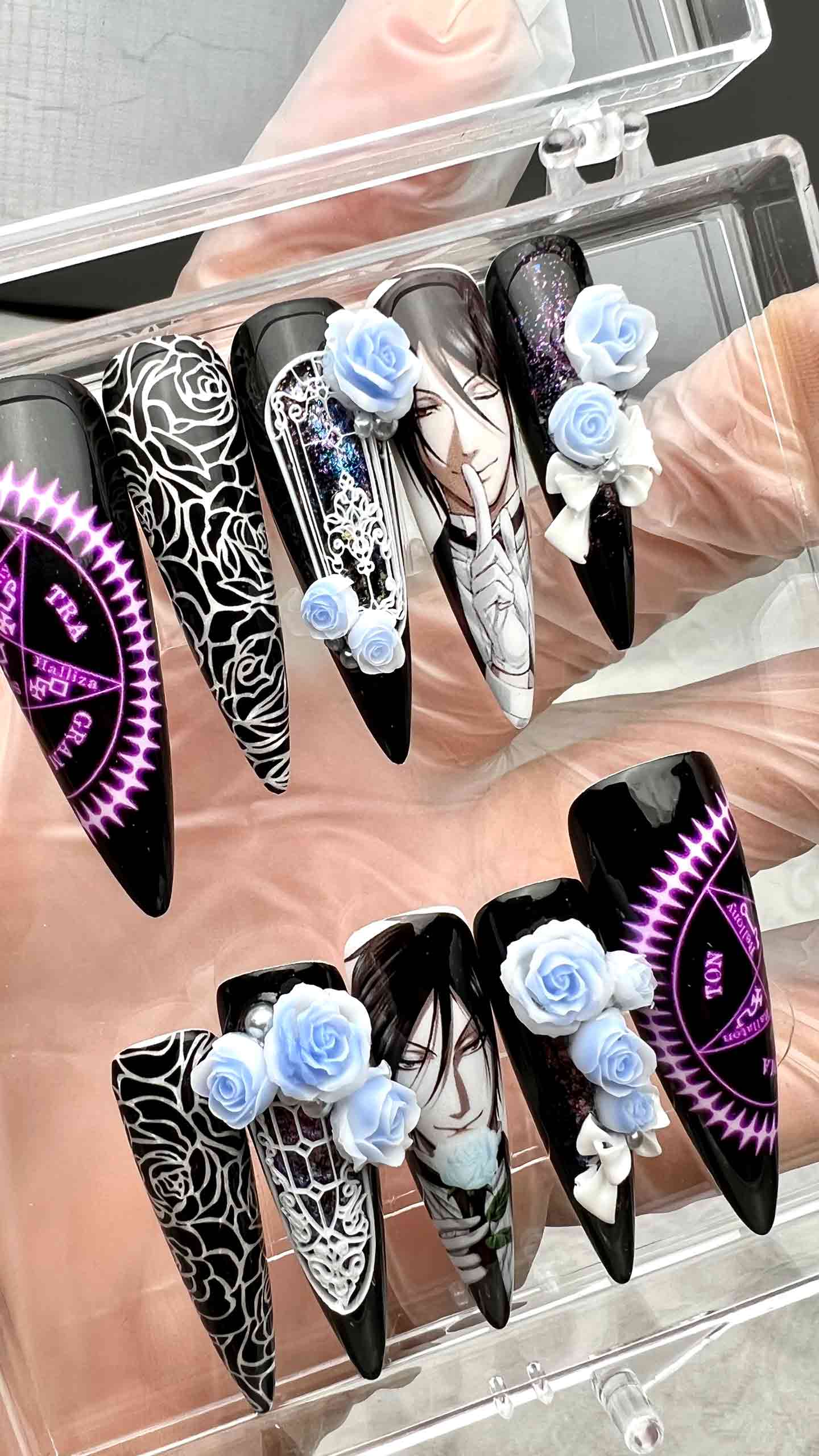 Sebastian Michaelis Nails – Black Butler Press-On Set, 3D Blue Rose &amp; Pentagram Gothic Anime Design | Dragonnail