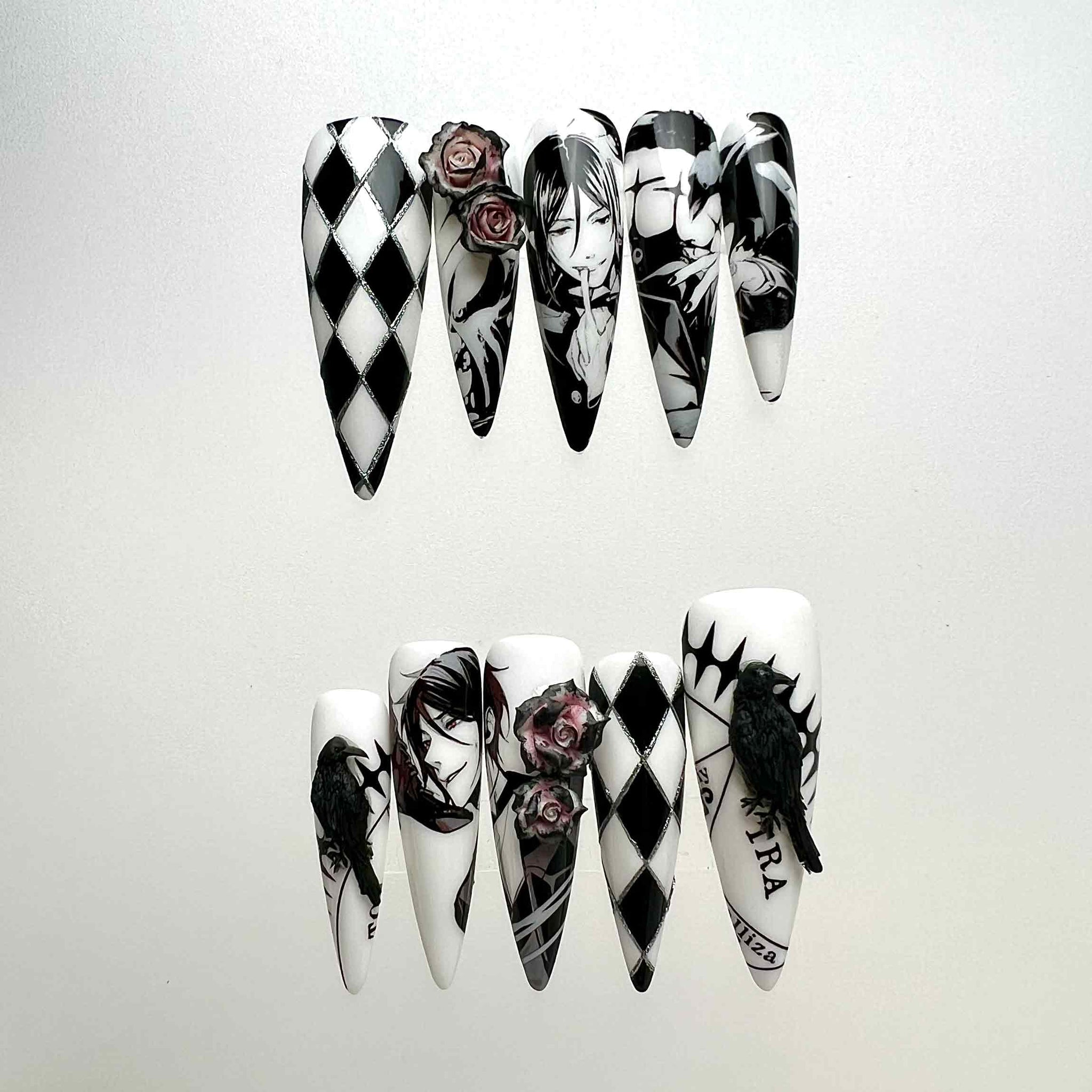 Sebastian Michaelis Nails – Black Butler Press-On Set, 3D Rose &amp; Harlequin Gothic Anime Design | Dragonnail