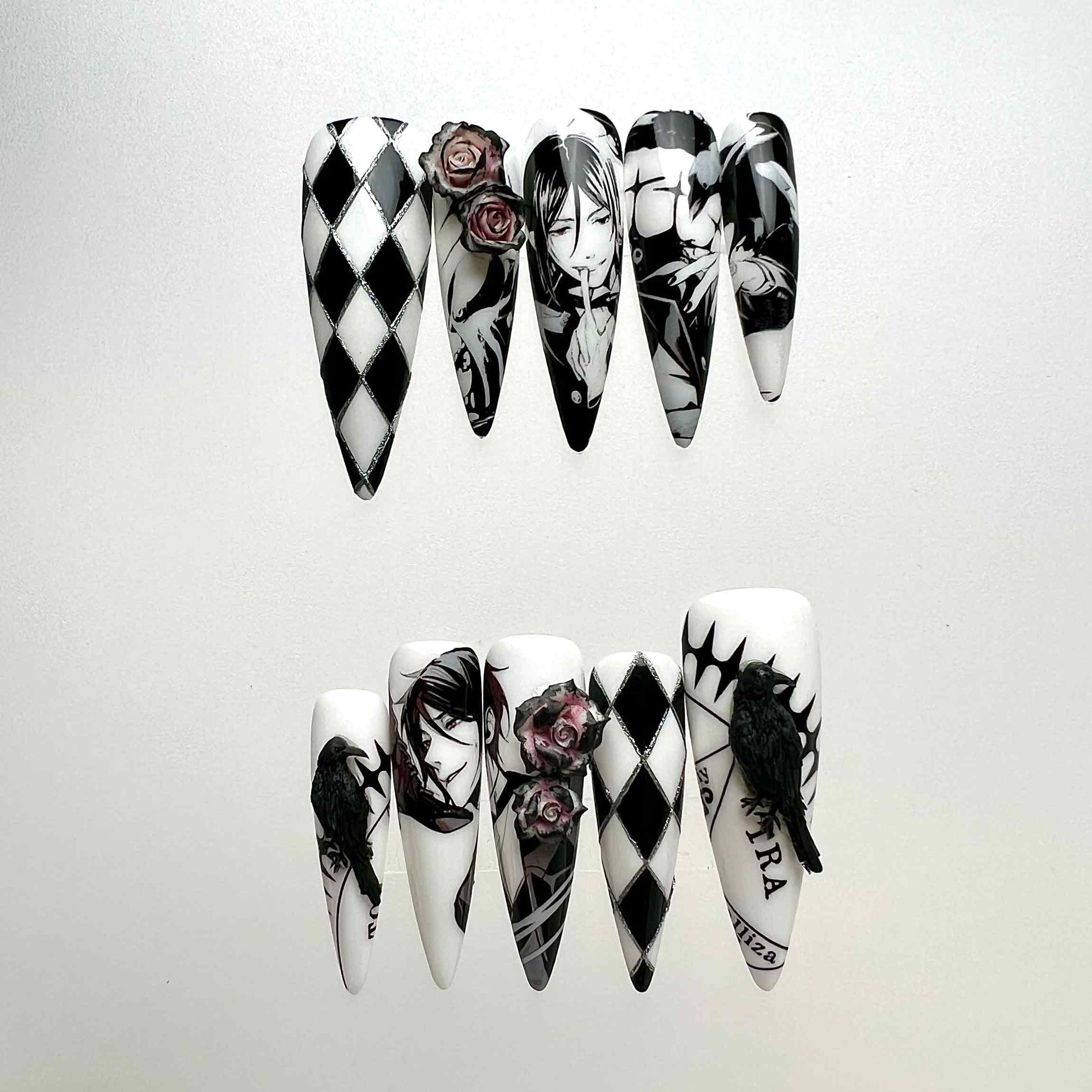 Sebastian Michaelis Nails – Black Butler Press-On Set, 3D Rose &amp; Harlequin Gothic Anime Design | Dragonnail