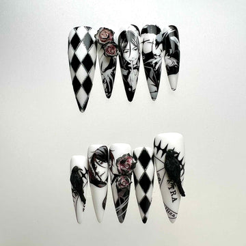 Sebastian Michaelis Nails – Black Butler Press-On Set, 3D Rose &amp; Harlequin Gothic Anime Design | Dragonnail