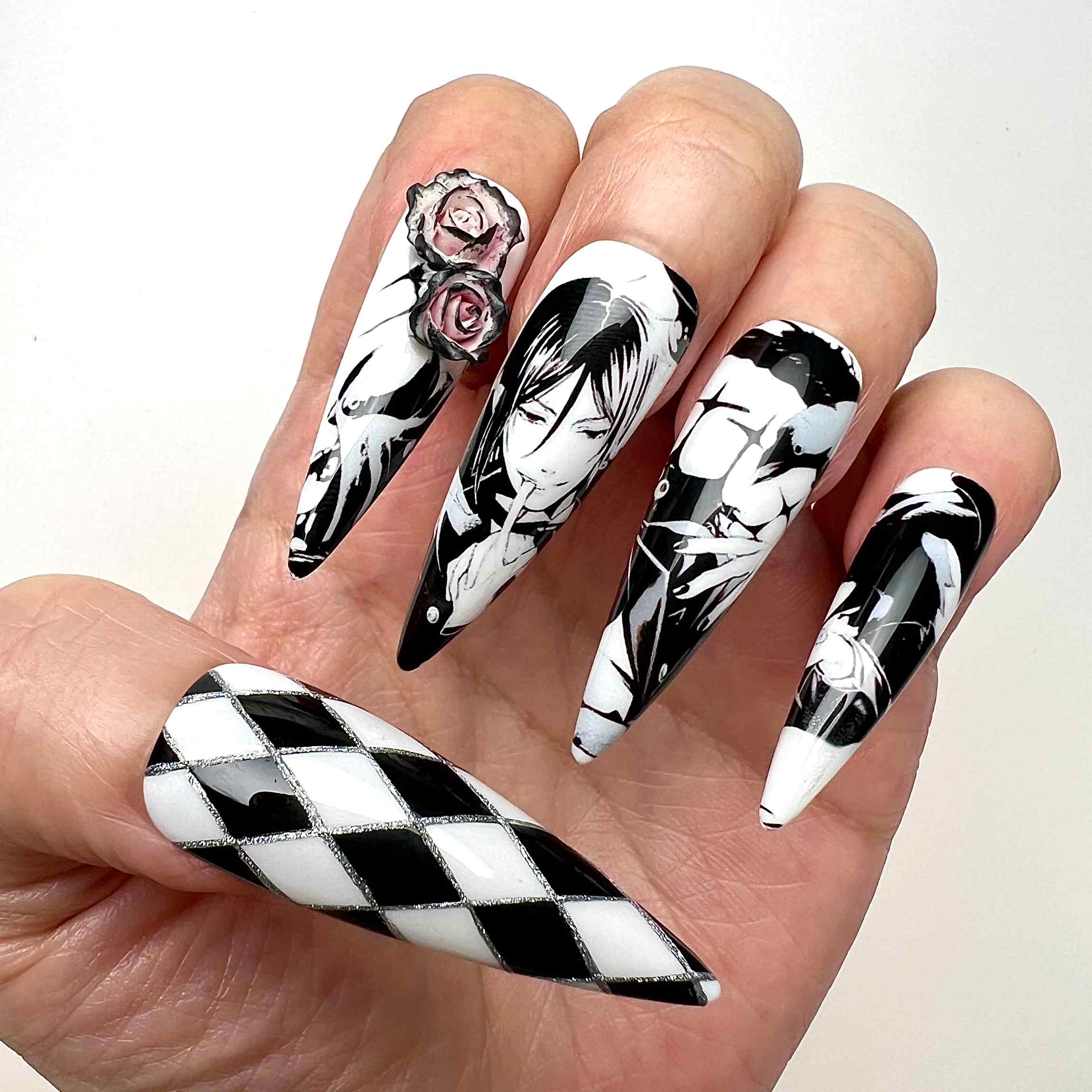 Sebastian Michaelis Nails – Black Butler Press-On Set, 3D Rose &amp; Harlequin Gothic Anime Design | Dragonnail