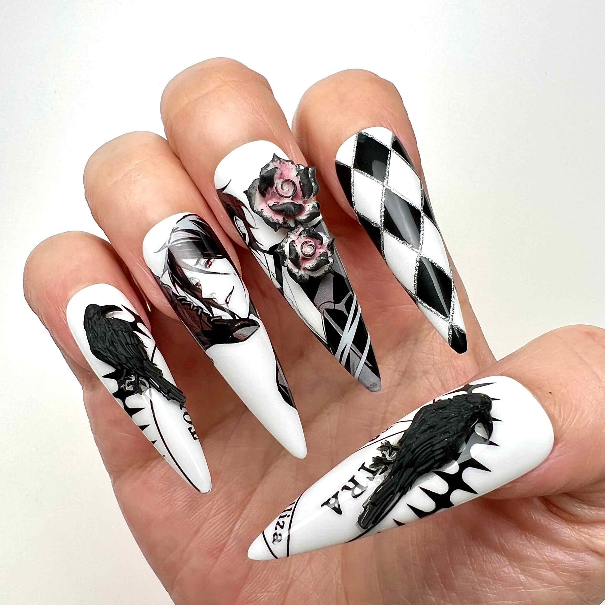 Sebastian Michaelis Nails – Black Butler Press-On Set, 3D Rose &amp; Harlequin Gothic Anime Design | Dragonnail
