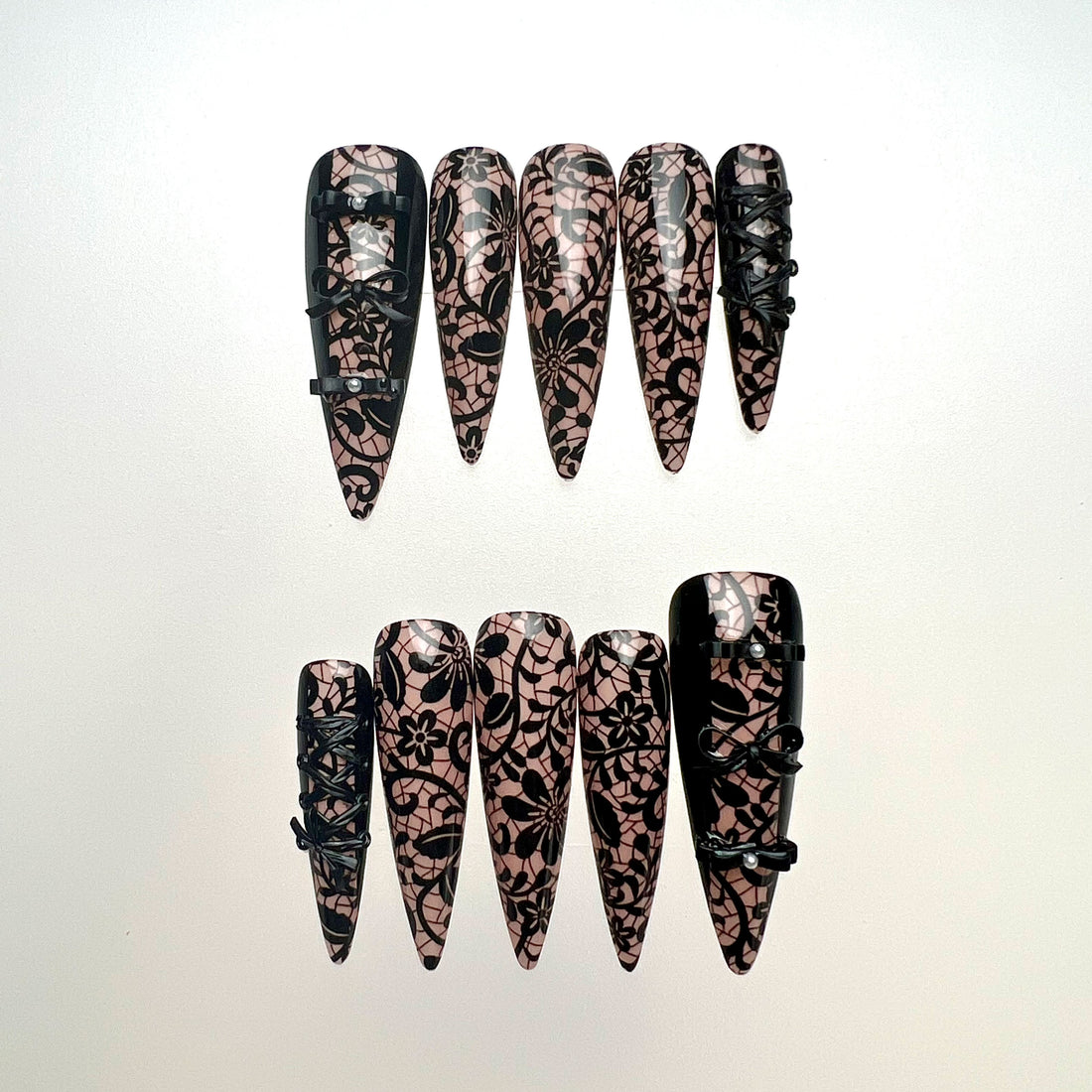 Gothic Lace Nails – Nude Press-On Set, 3D Black Corset &amp; Garter Strap Design | Dragonnail