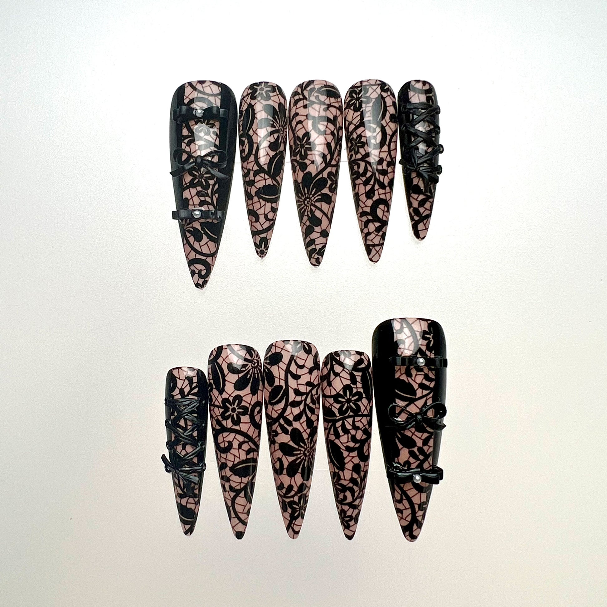 Gothic Lace Nails – Nude Press-On Set, 3D Black Corset &amp; Garter Strap Design | Dragonnail