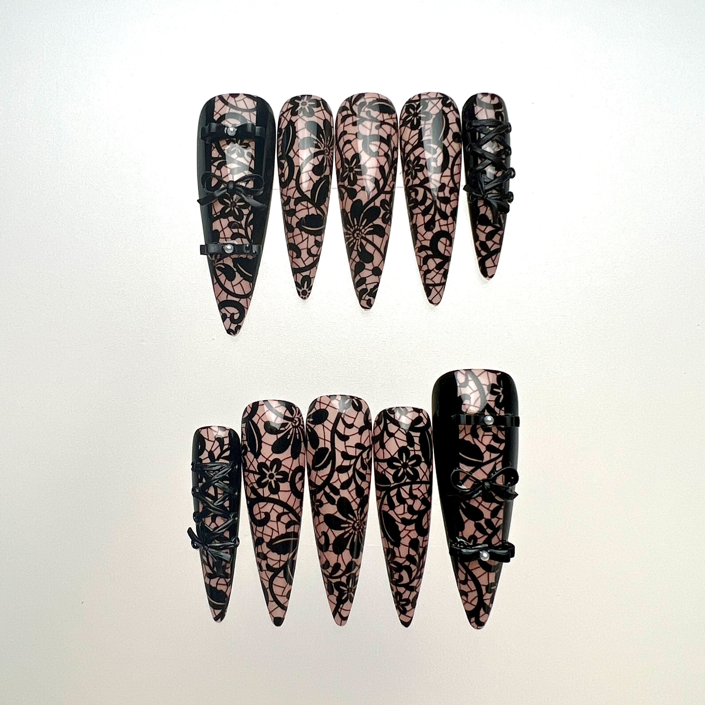 Gothic Lace Nails – Nude Press-On Set, 3D Black Corset &amp; Garter Strap Design | Dragonnail