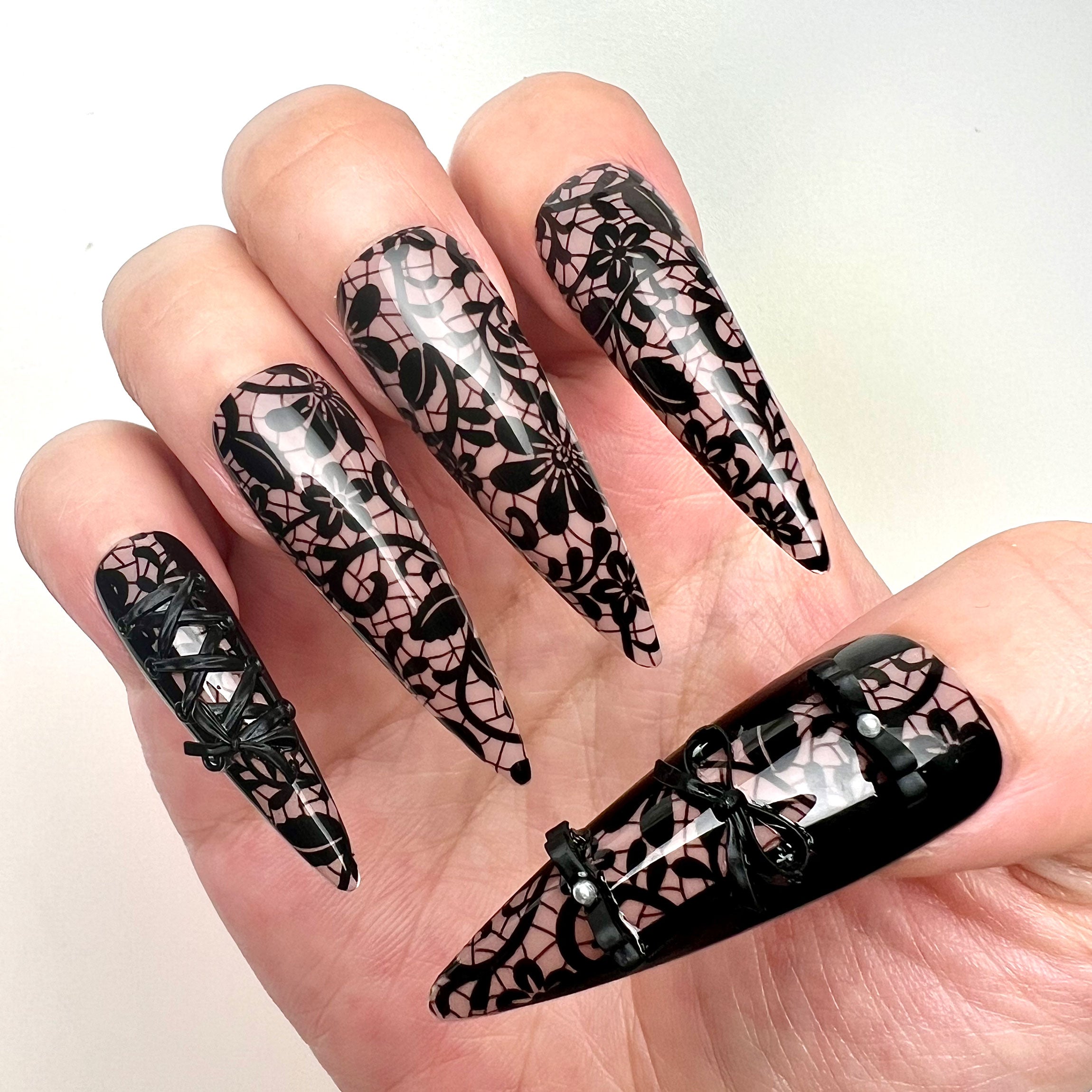 Gothic Lace Nails – Nude Press-On Set, 3D Black Corset &amp; Garter Strap Design | Dragonnail