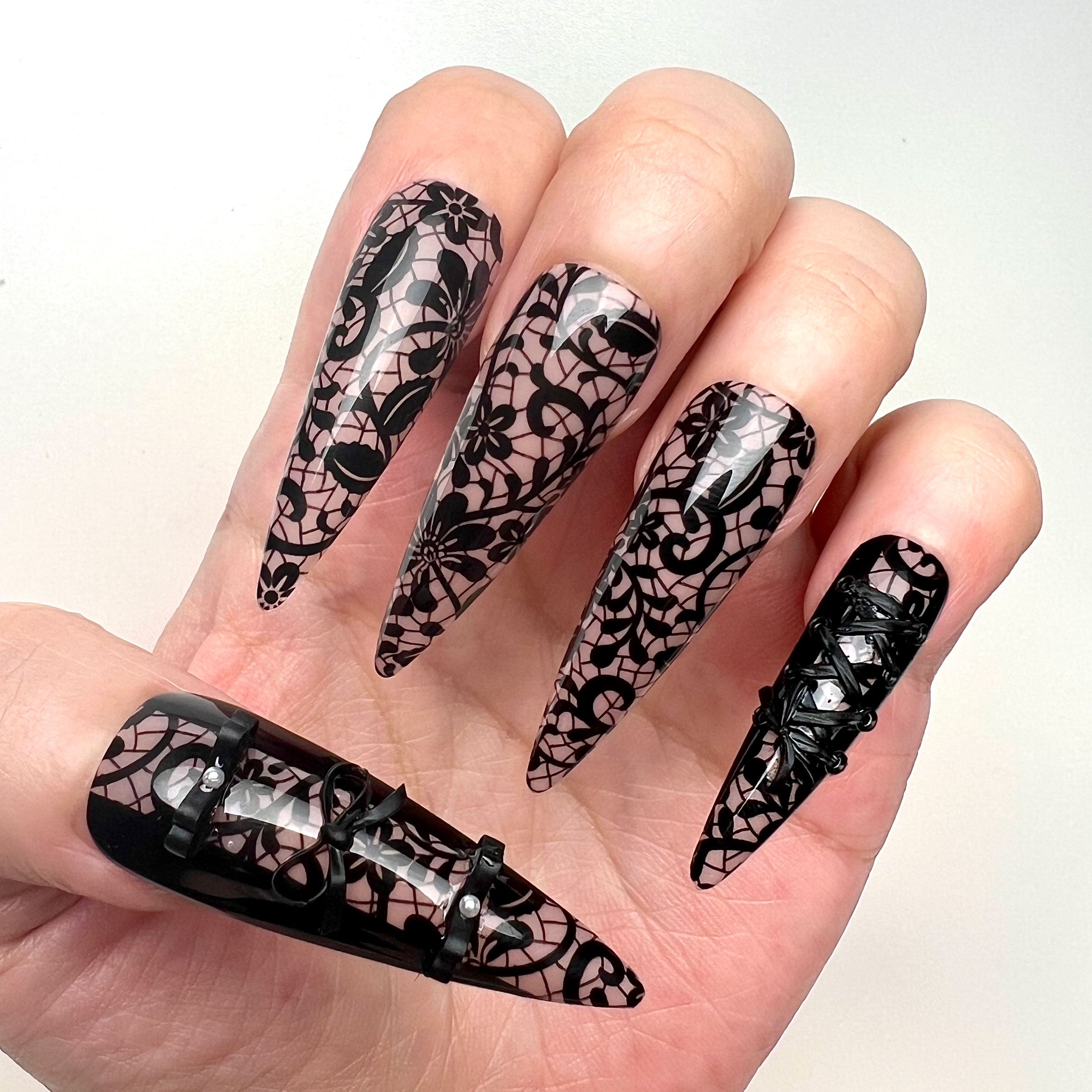 Gothic Lace Nails – Nude Press-On Set, 3D Black Corset &amp; Garter Strap Design | Dragonnail