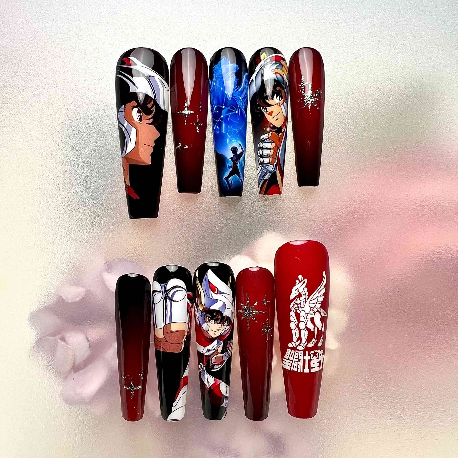 Saint Seiya Nails – Pegasus Seiya Press-On Set, Red &amp; Black Cosmo Anime Design | Dragonnail