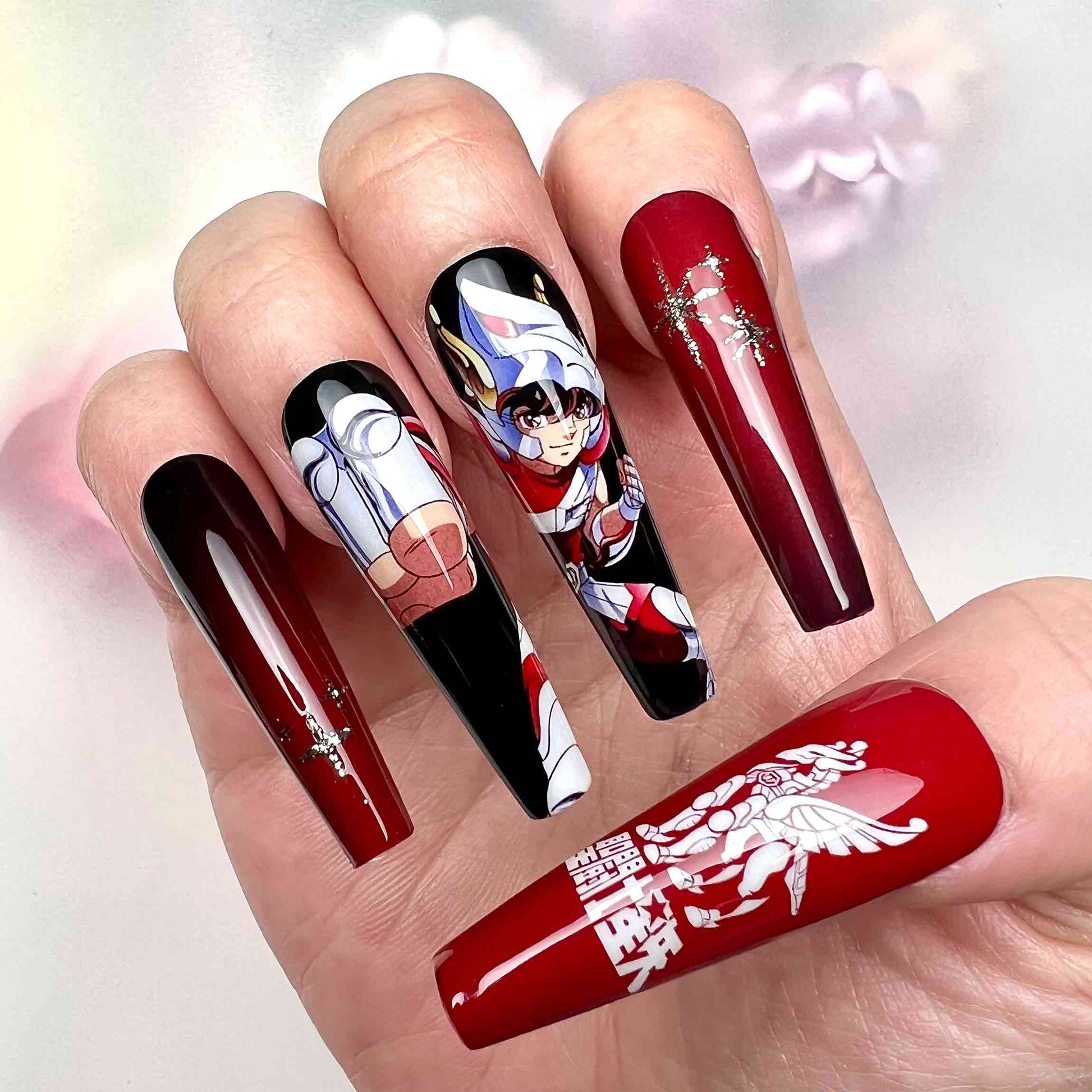 Saint Seiya Nails – Pegasus Seiya Press-On Set, Red &amp; Black Cosmo Anime Design | Dragonnail