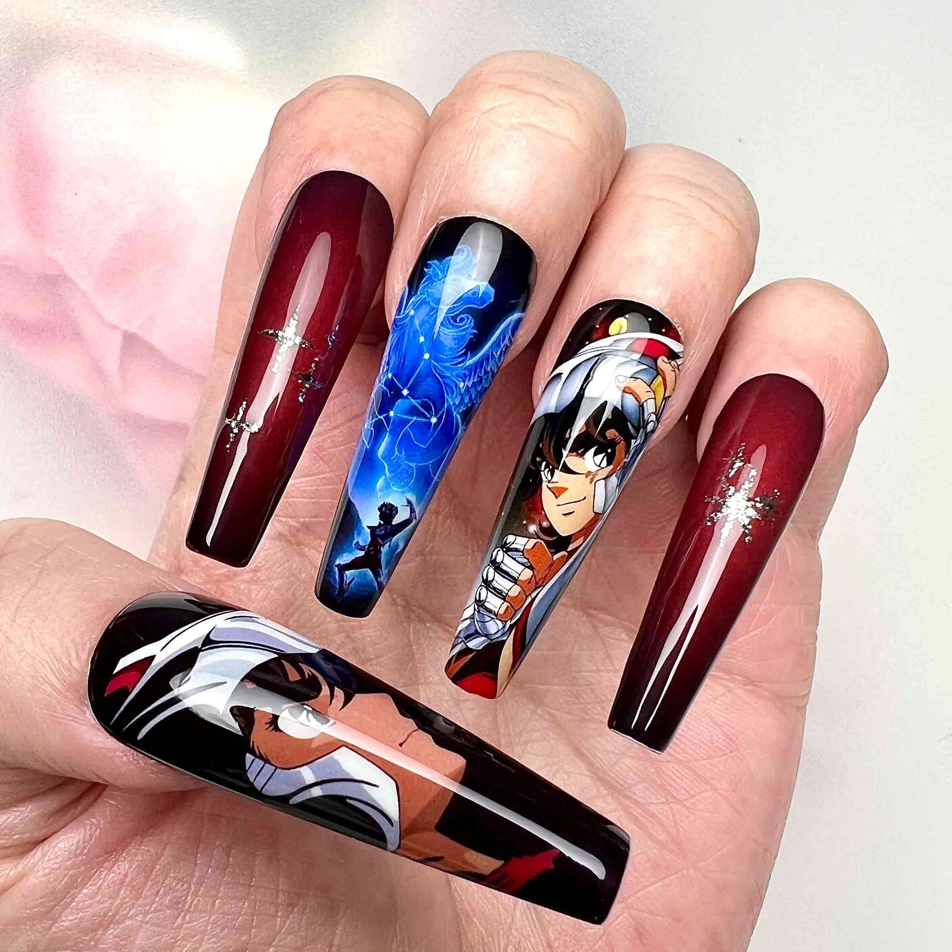 Saint Seiya Nails – Pegasus Seiya Press-On Set, Red &amp; Black Cosmo Anime Design | Dragonnail