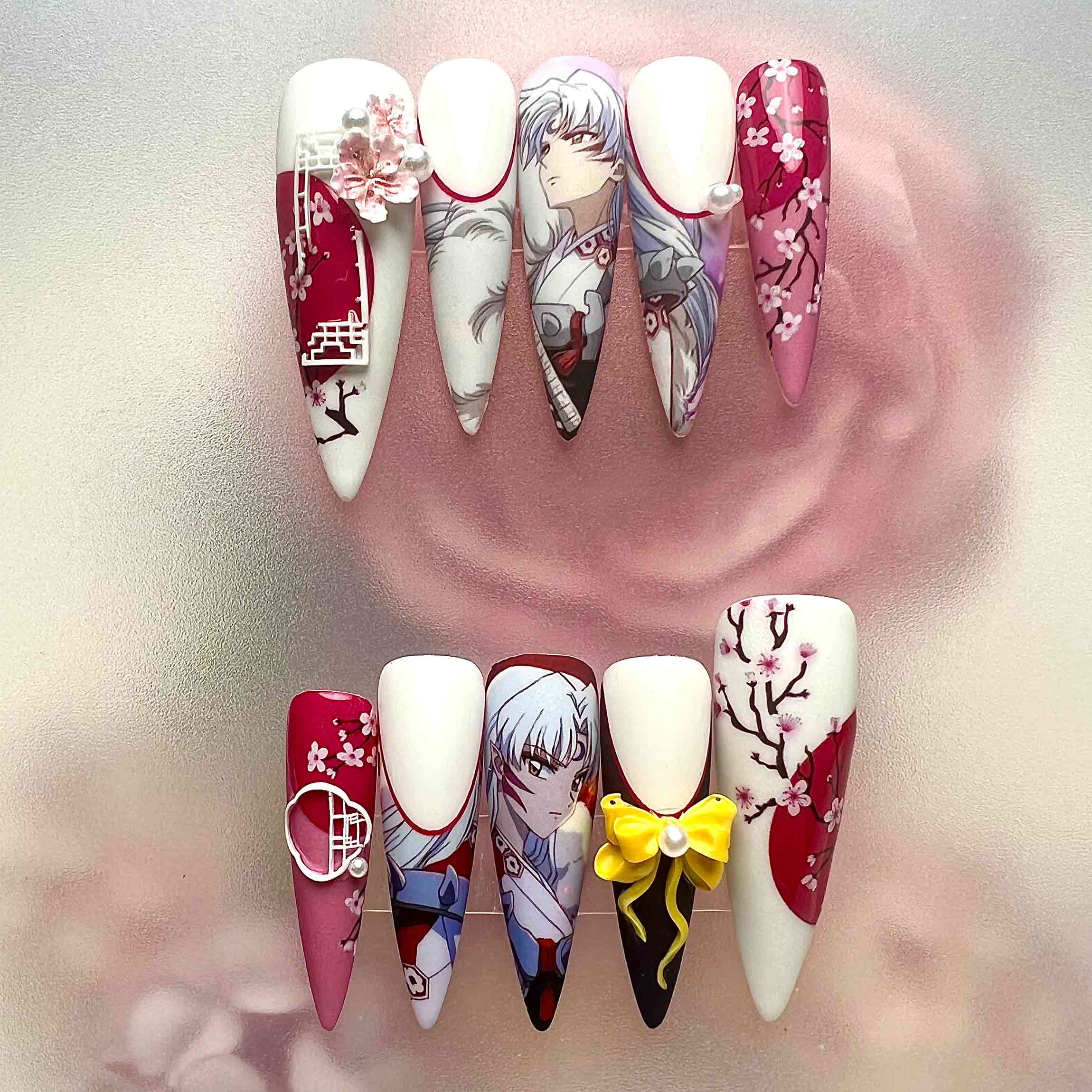 Sesshōmaru Nails – InuYasha Anime Press-On Set, 3D Sakura, Shrine &amp; Yellow Bow Design | Dragonnail