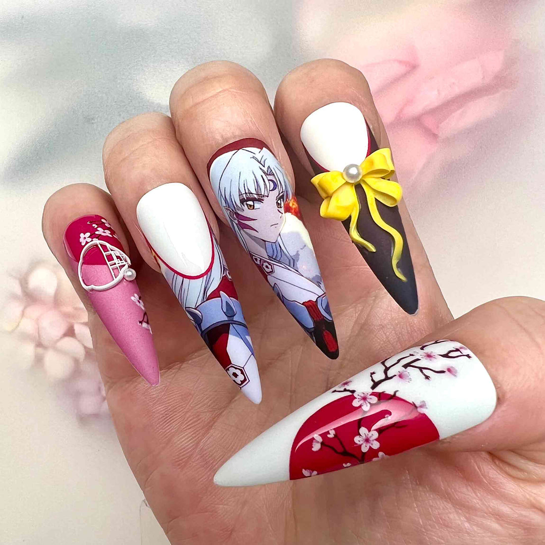 Sesshōmaru Nails – InuYasha Anime Press-On Set, 3D Sakura, Shrine &amp; Yellow Bow Design | Dragonnail