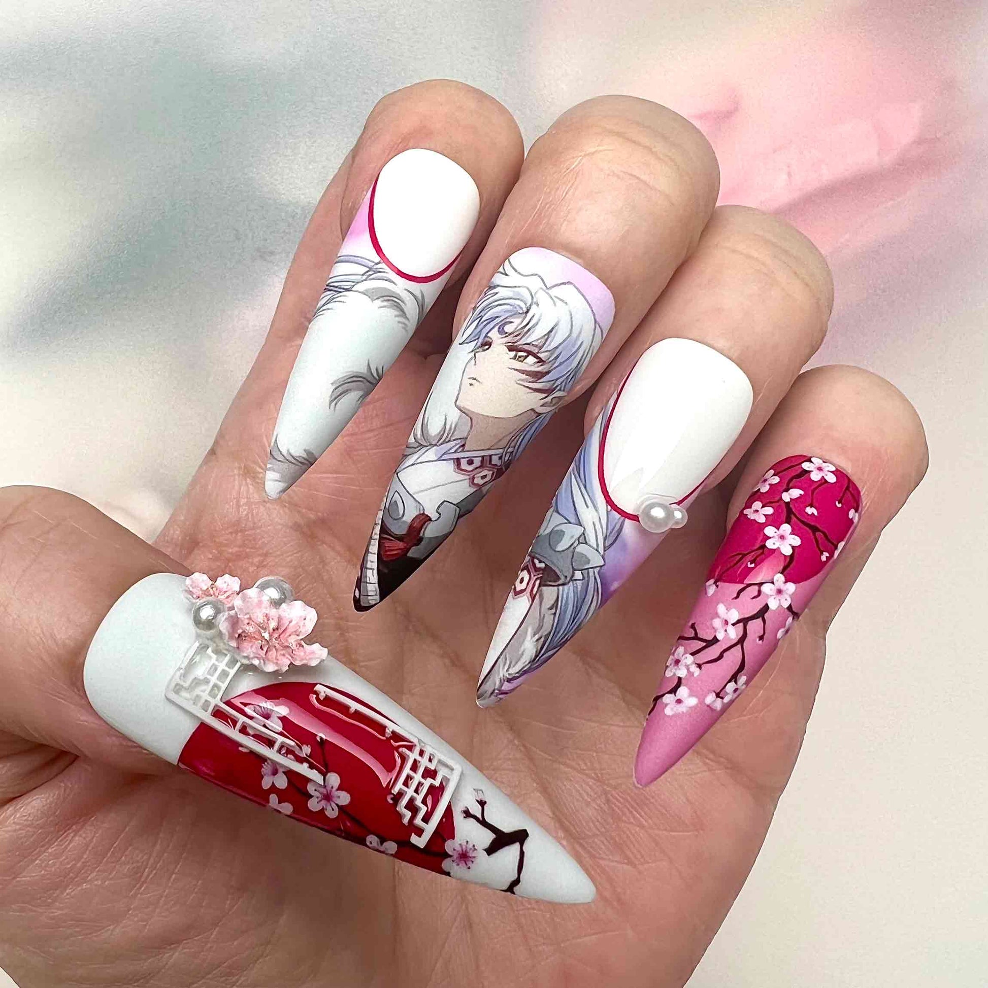 Sesshōmaru Nails – InuYasha Anime Press-On Set, 3D Sakura, Shrine &amp; Yellow Bow Design | Dragonnail