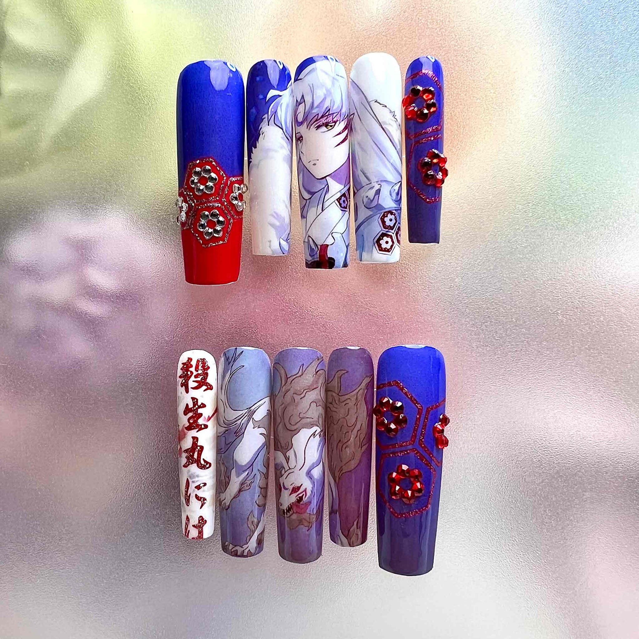 Sesshōmaru Nails – InuYasha Anime Press-On Set, 3D Red Gem &amp; Yōkai Demon Dog Design | Dragonnail