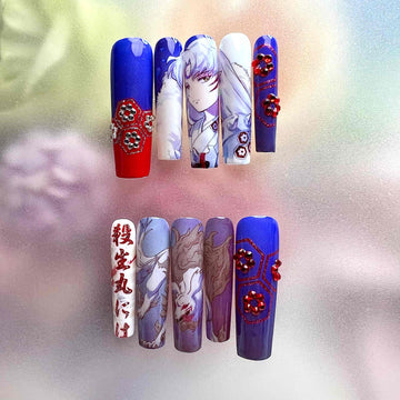 Sesshōmaru Nails – InuYasha Anime Press-On Set, 3D Red Gem &amp; Yōkai Demon Dog Design | Dragonnail