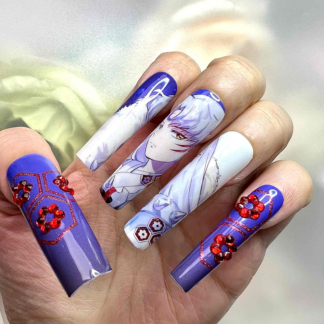 Sesshōmaru Nails – InuYasha Anime Press-On Set, 3D Red Gem &amp; Yōkai Demon Dog Design | Dragonnail